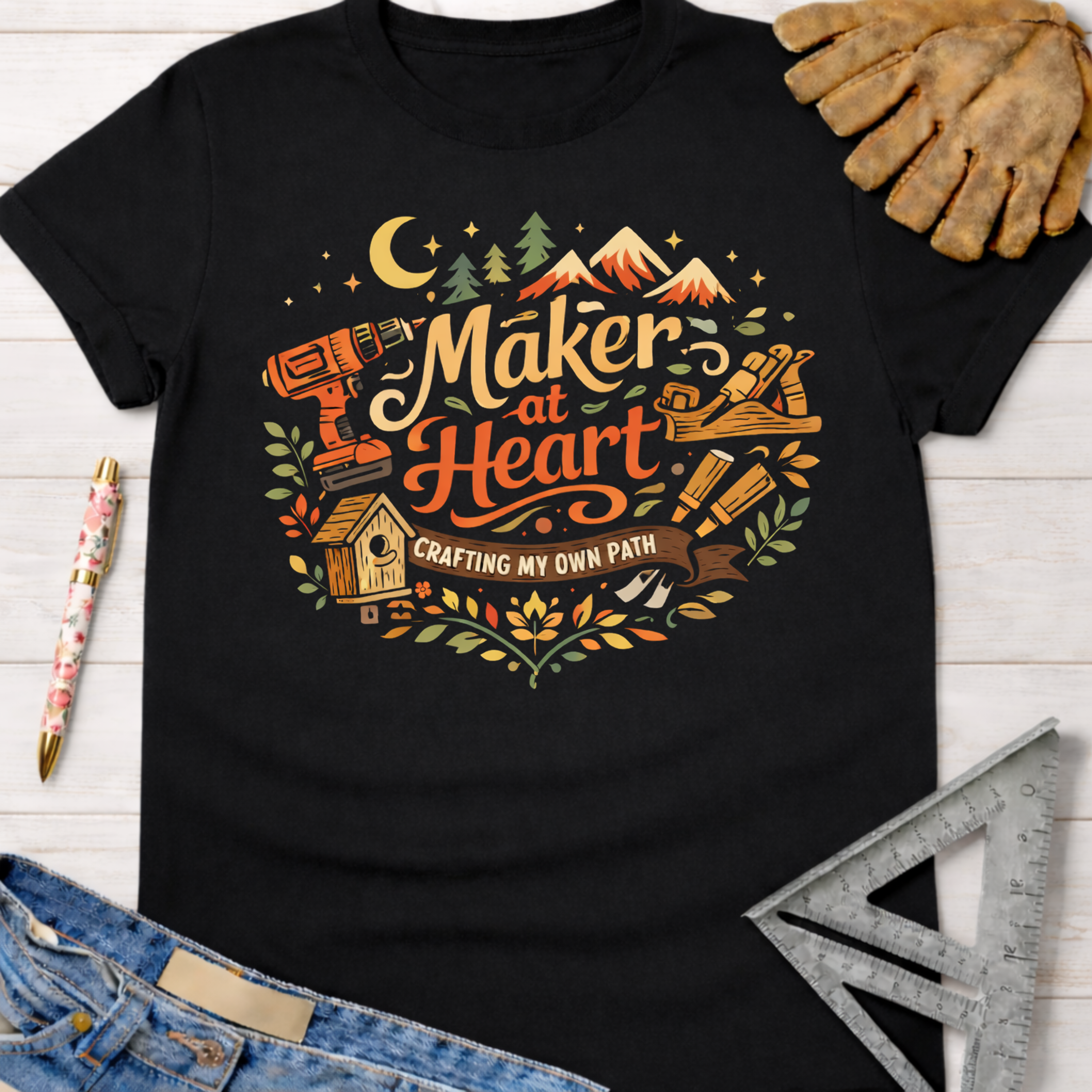 Women's funny woodworking graphic tee shirt for female woodworkers, makers, and DIY builders — Sawdust & Ponytails. Black cotton tee with "Maker at Heart, Crafting My Own Path" graphic featuring tools, mountains, and a moon.
