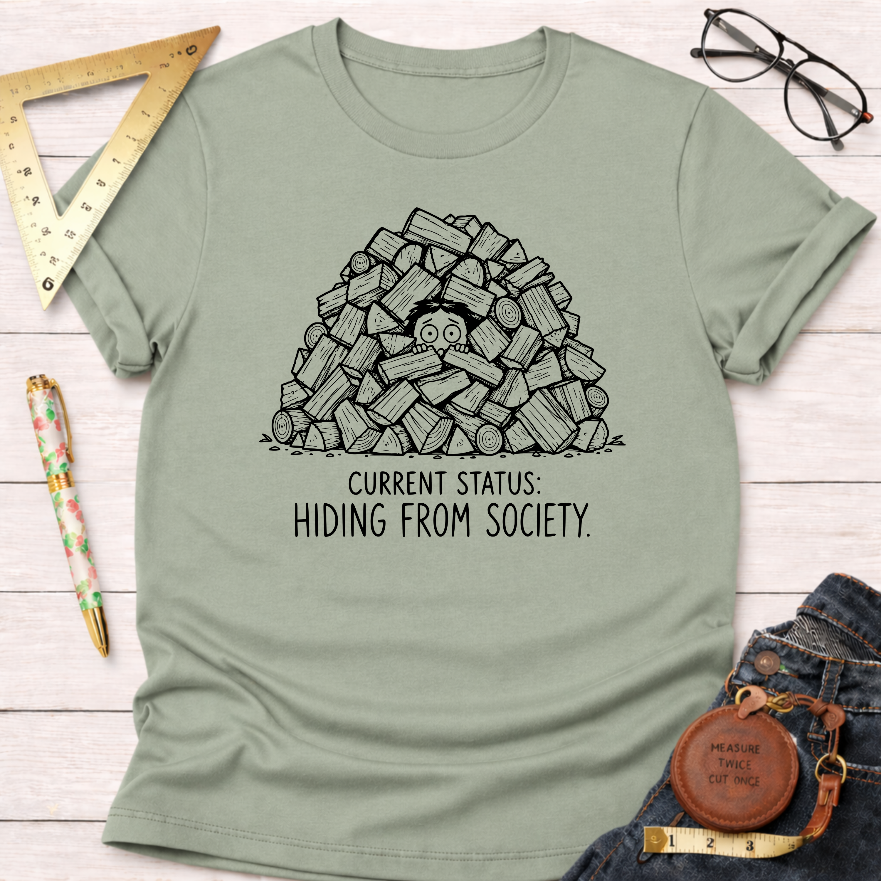 Sage green cotton t-shirt with "Current Status: Hiding From Society" text and a person peeking from a woodpile.