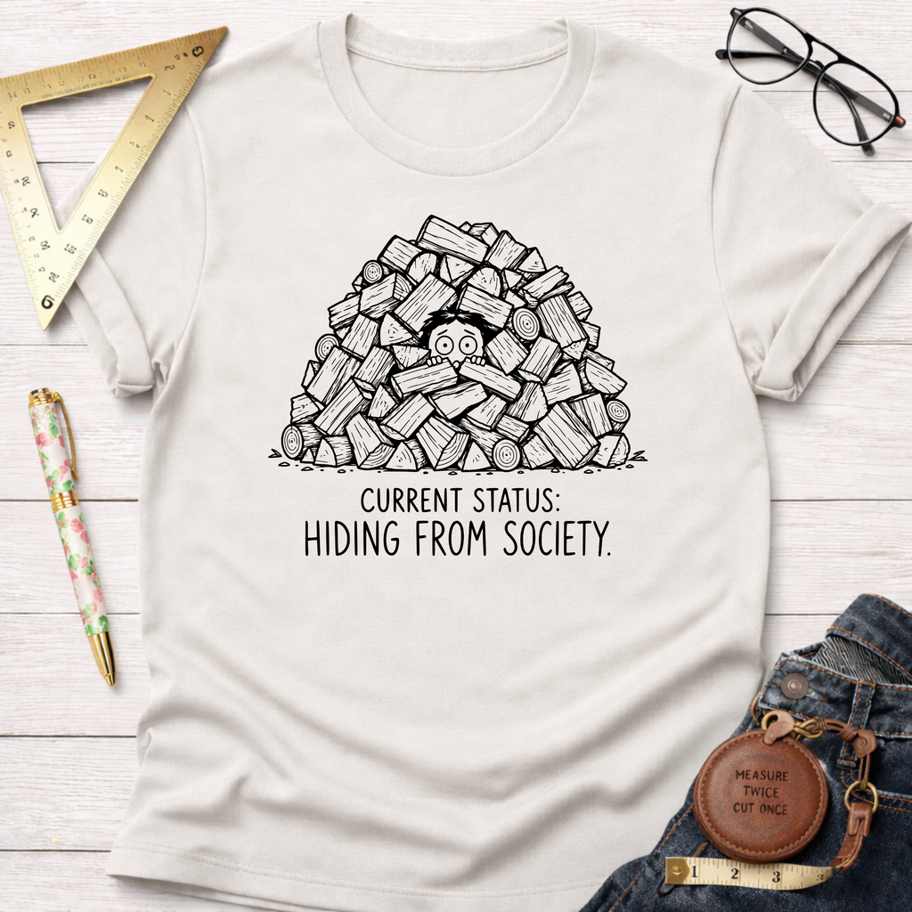 Cream t-shirt with a cartoon of a person hiding in a woodpile and "Current Status: Hiding From Society.