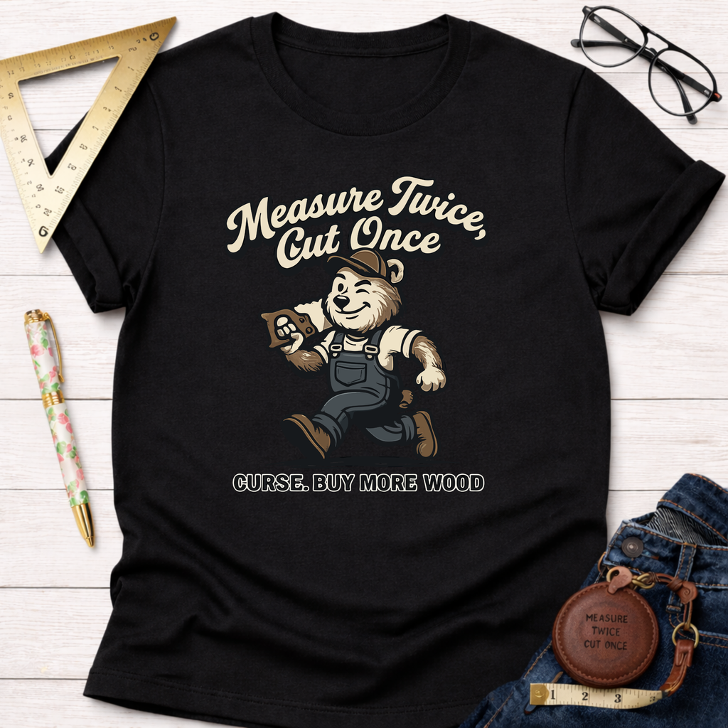 Women's funny woodworking graphic tee shirt for female woodworkers, makers, and DIY builders — Sawdust & Ponytails. Black cotton tee with a running bear carpenter graphic and "Measure Twice, Cut Once. Curse. Buy More Wood" text.