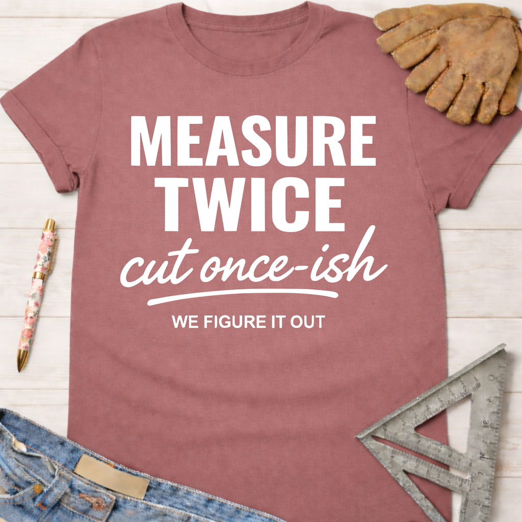 Women's funny woodworking graphic tee shirt for female woodworkers, makers, and DIY builders — Sawdust & Ponytails. Mauve cotton tee with "MEASURE TWICE cut once-ish WE FIGURE IT OUT" text.