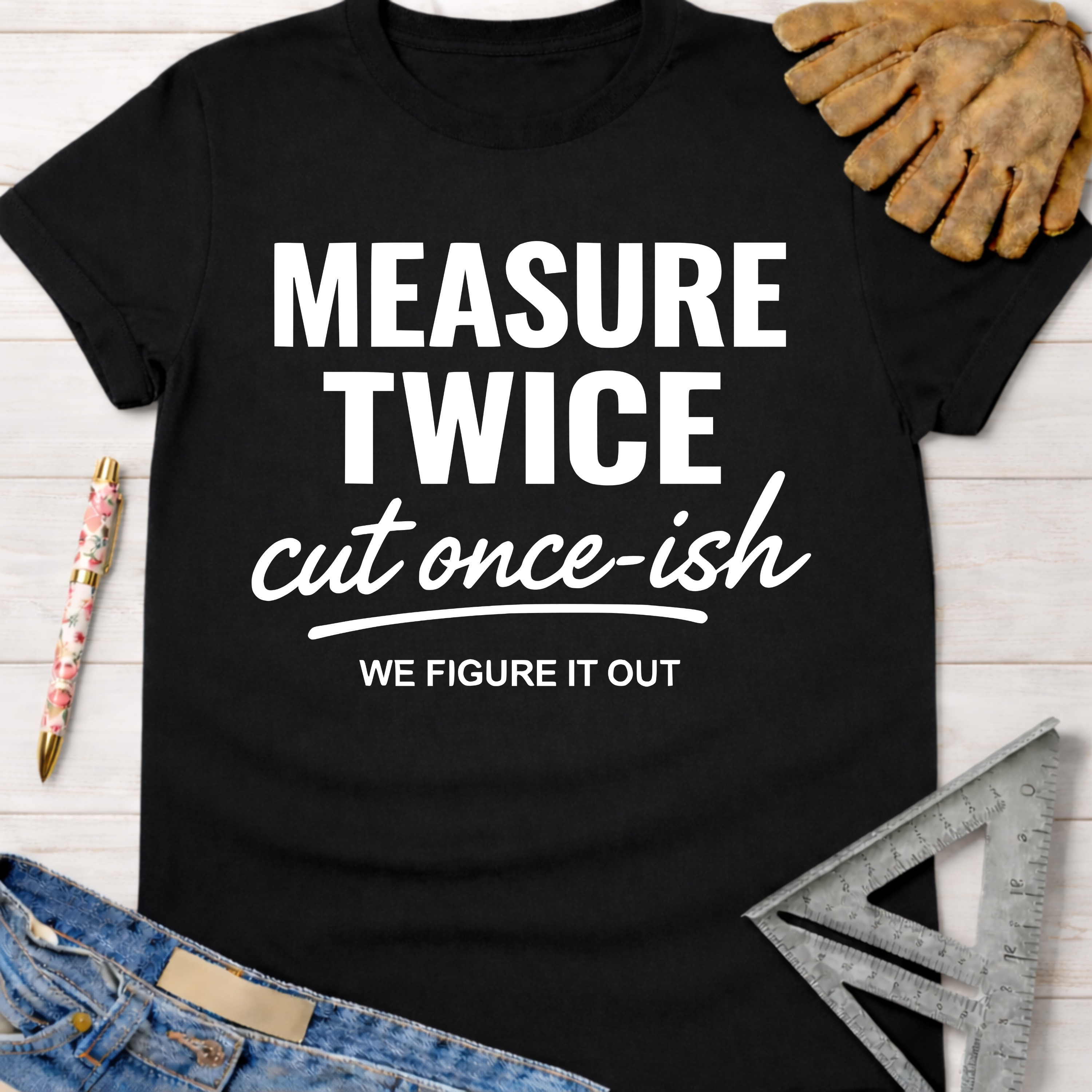 Women's funny woodworking graphic tee shirt for female woodworkers, makers, and DIY builders — Sawdust & Ponytails. Black cotton tee with "MEASURE TWICE cut once-ish WE FIGURE IT OUT" text.