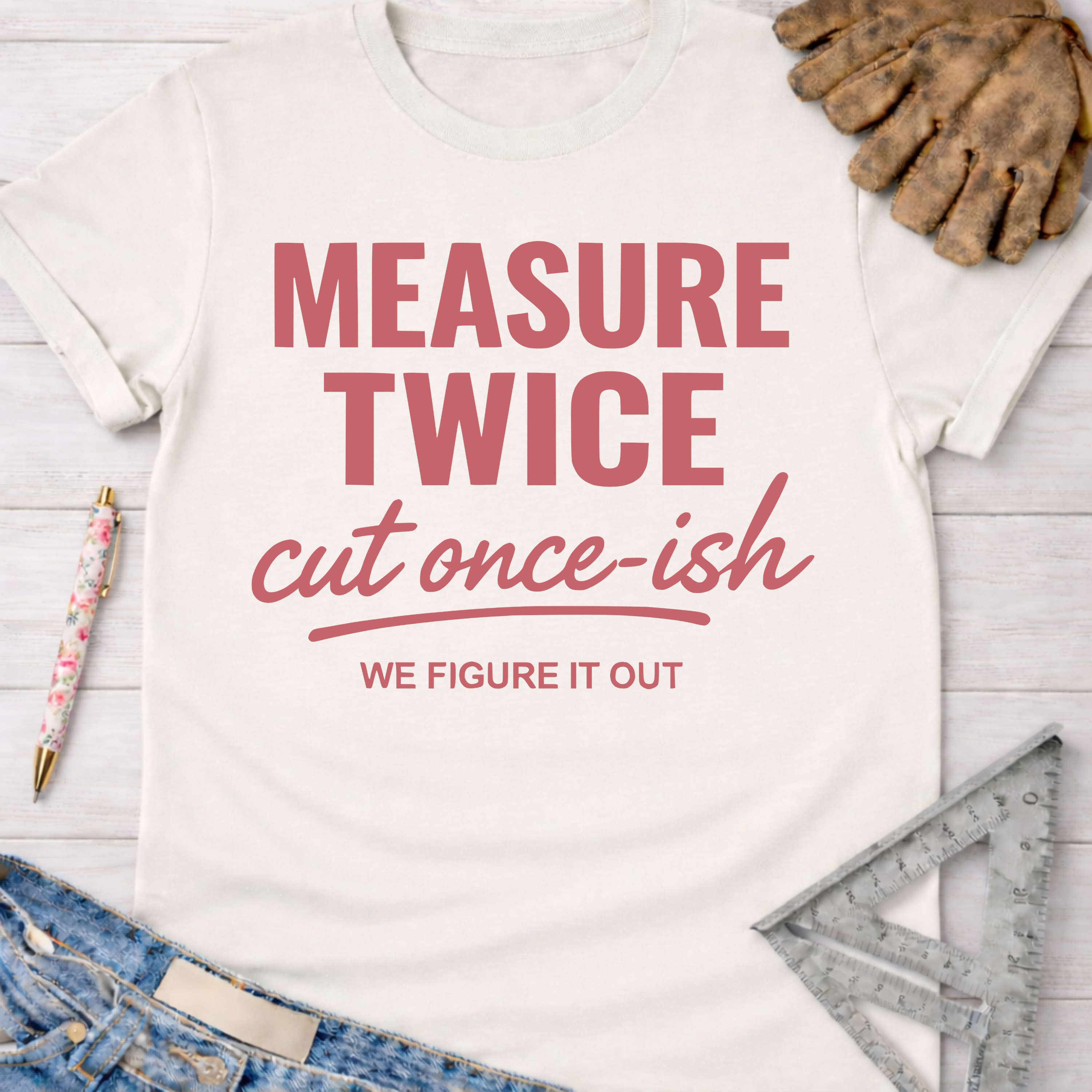 Women's funny woodworking graphic tee shirt for female woodworkers, makers, and DIY builders — Sawdust & Ponytails. Cream t-shirt with "MEASURE TWICE cut once-ish WE FIGURE IT OUT" in pink.