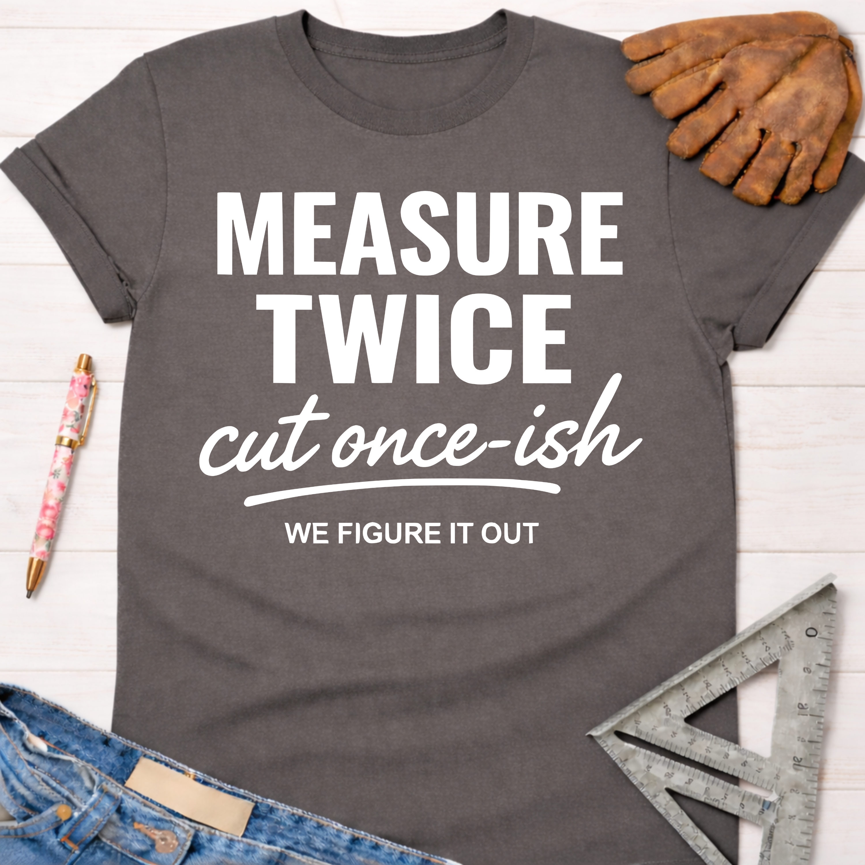 Women's funny woodworking graphic tee shirt for female woodworkers, makers, and DIY builders — Sawdust & Ponytails. Dark gray cotton tee with "MEASURE TWICE cut once-ish WE FIGURE IT OUT" in white text.