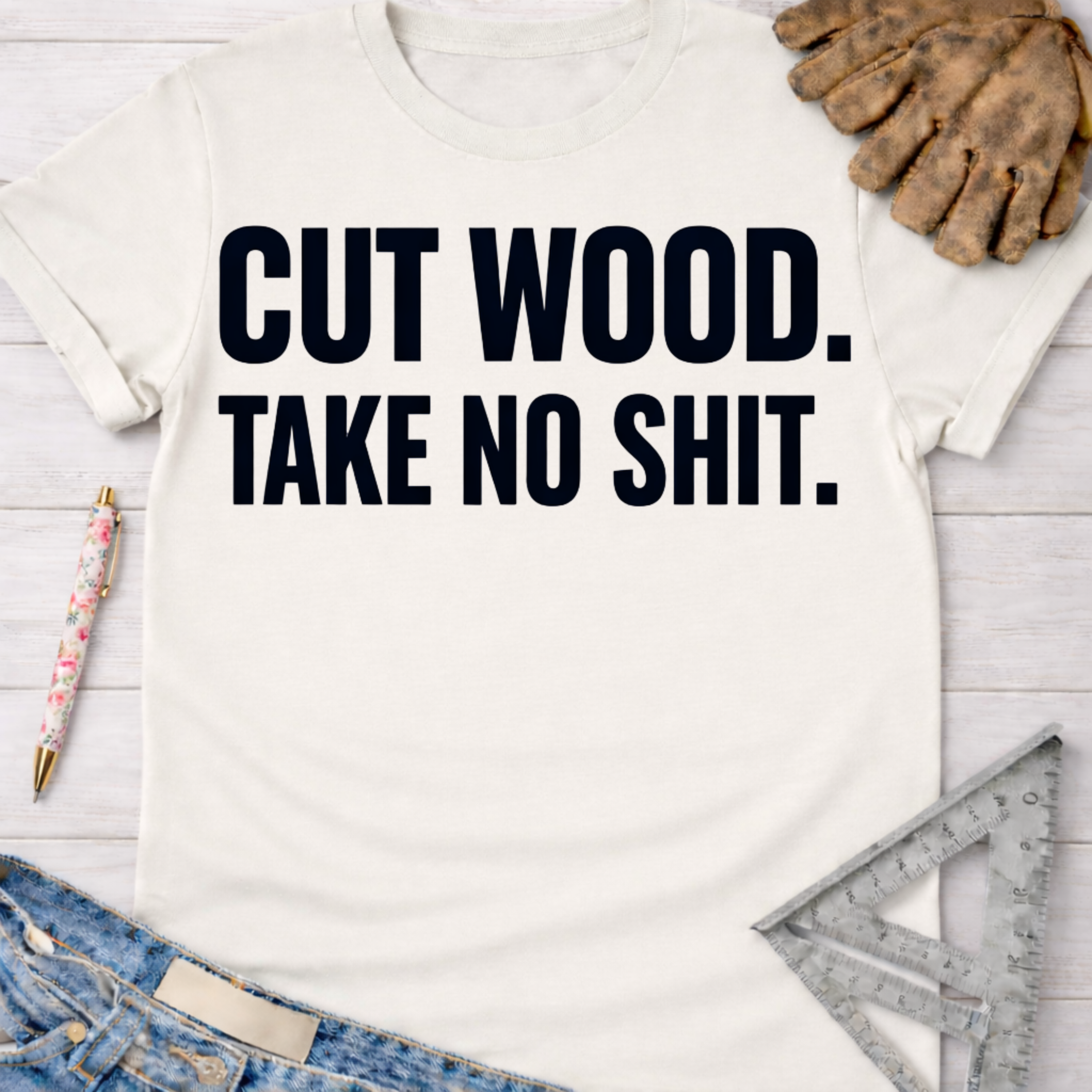 Women's funny woodworking graphic tee shirt for female woodworkers, makers, and DIY builders — Sawdust & Ponytails. White cotton tee with "CUT WOOD. TAKE NO SHIT." in black text.
