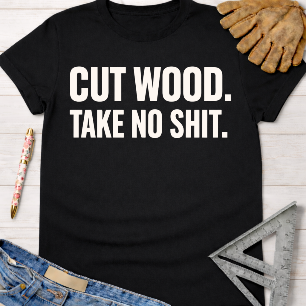 Black cotton t-shirt with "CUT WOOD. TAKE NO SHIT." in white text. Women's funny woodworking graphic tee shirt for female woodworkers, makers, and DIY builders — Sawdust & Ponytails
