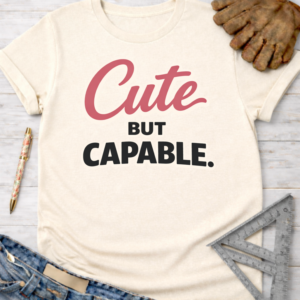 Women's funny woodworking graphic tee shirt for female woodworkers, makers, and DIY builders — Sawdust & Ponytails. Cream t-shirt with "Cute BUT CAPABLE." in pink and black.