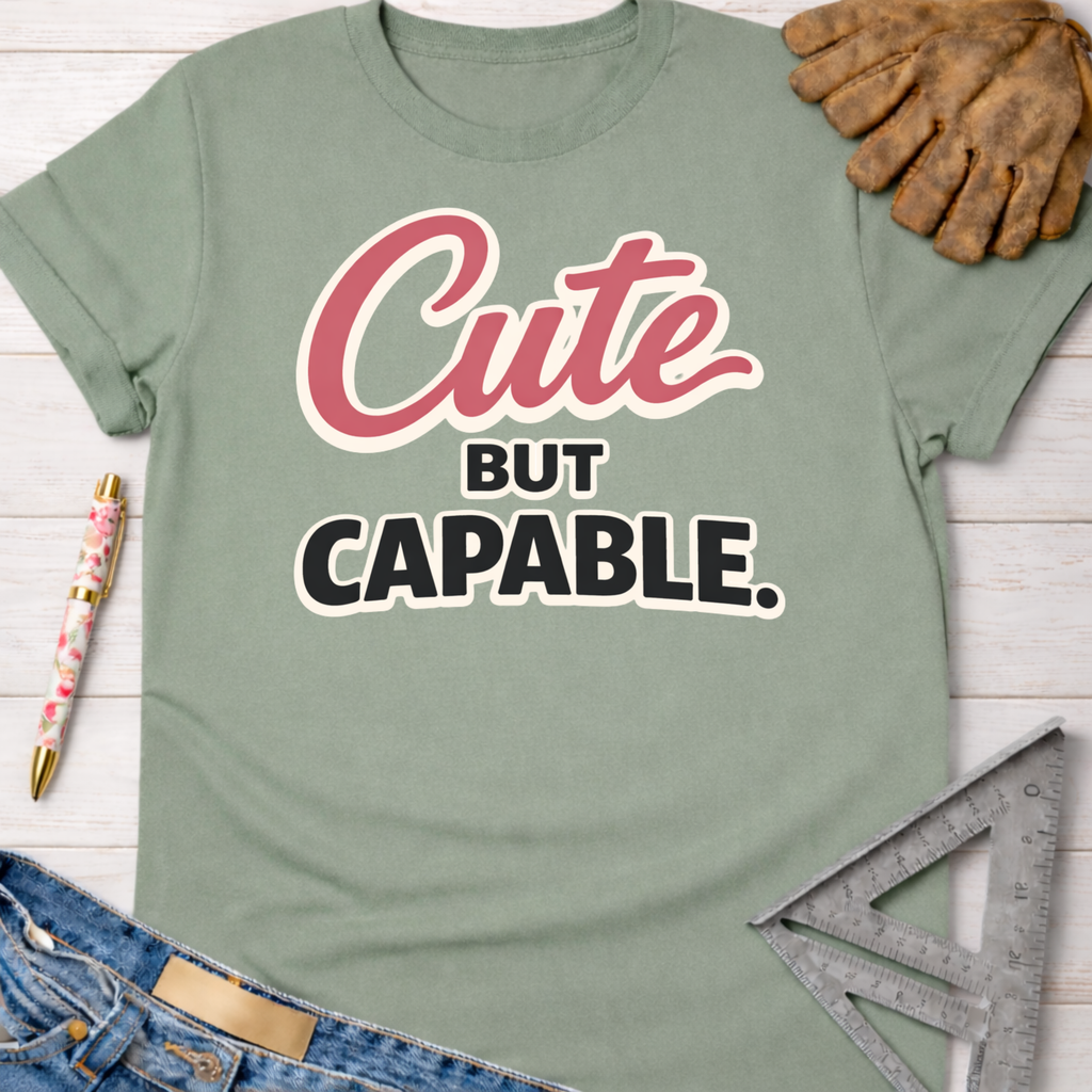 Women's funny woodworking graphic tee shirt for female woodworkers, makers, and DIY builders — Sawdust & Ponytails. Sage green cotton t-shirt with "Cute BUT CAPABLE." graphic.