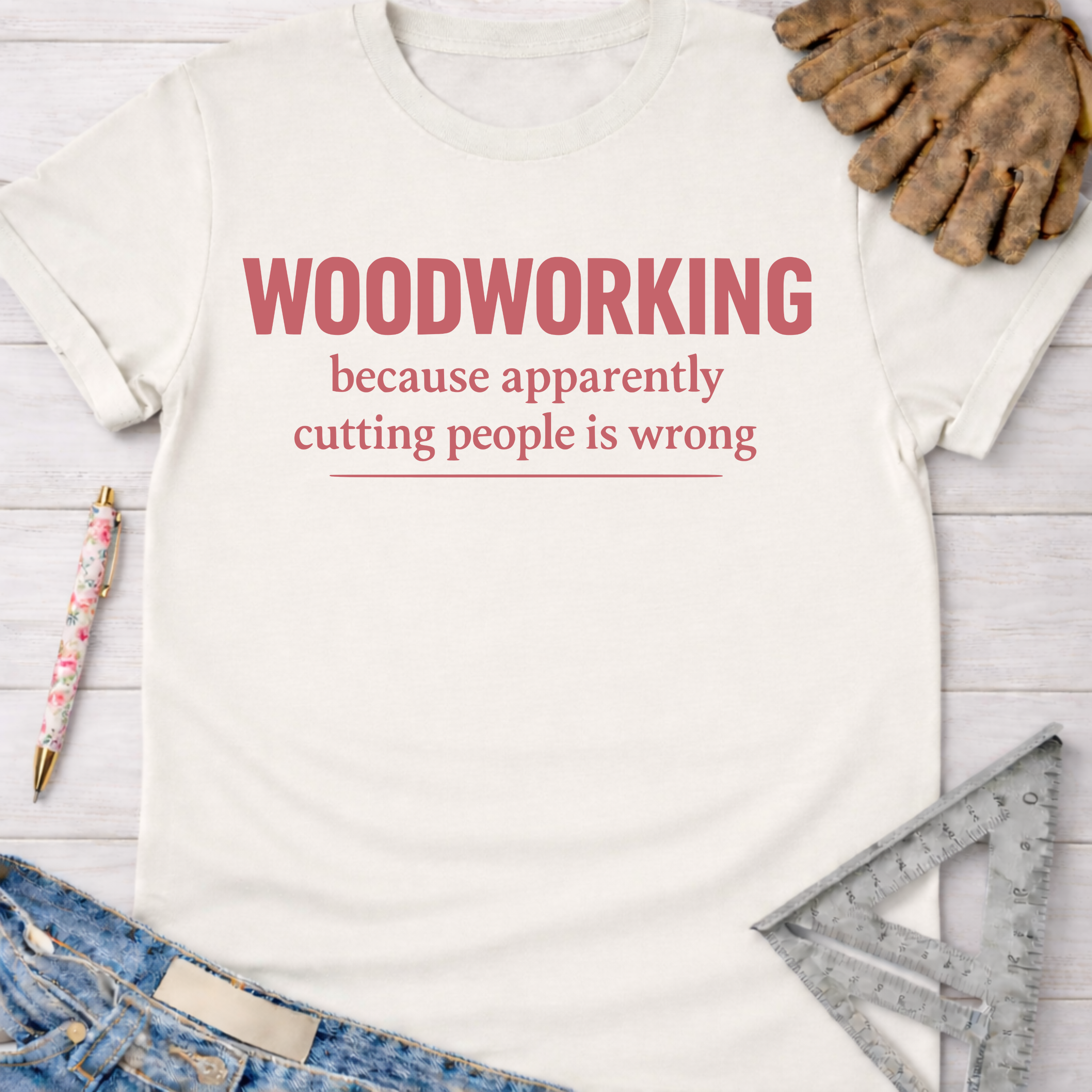Women's funny woodworking graphic tee shirt for female woodworkers, makers, and DIY builders — Sawdust & Ponytails. Cream cotton t-shirt with "WOODWORKING because apparently cutting people is wrong" in red text.