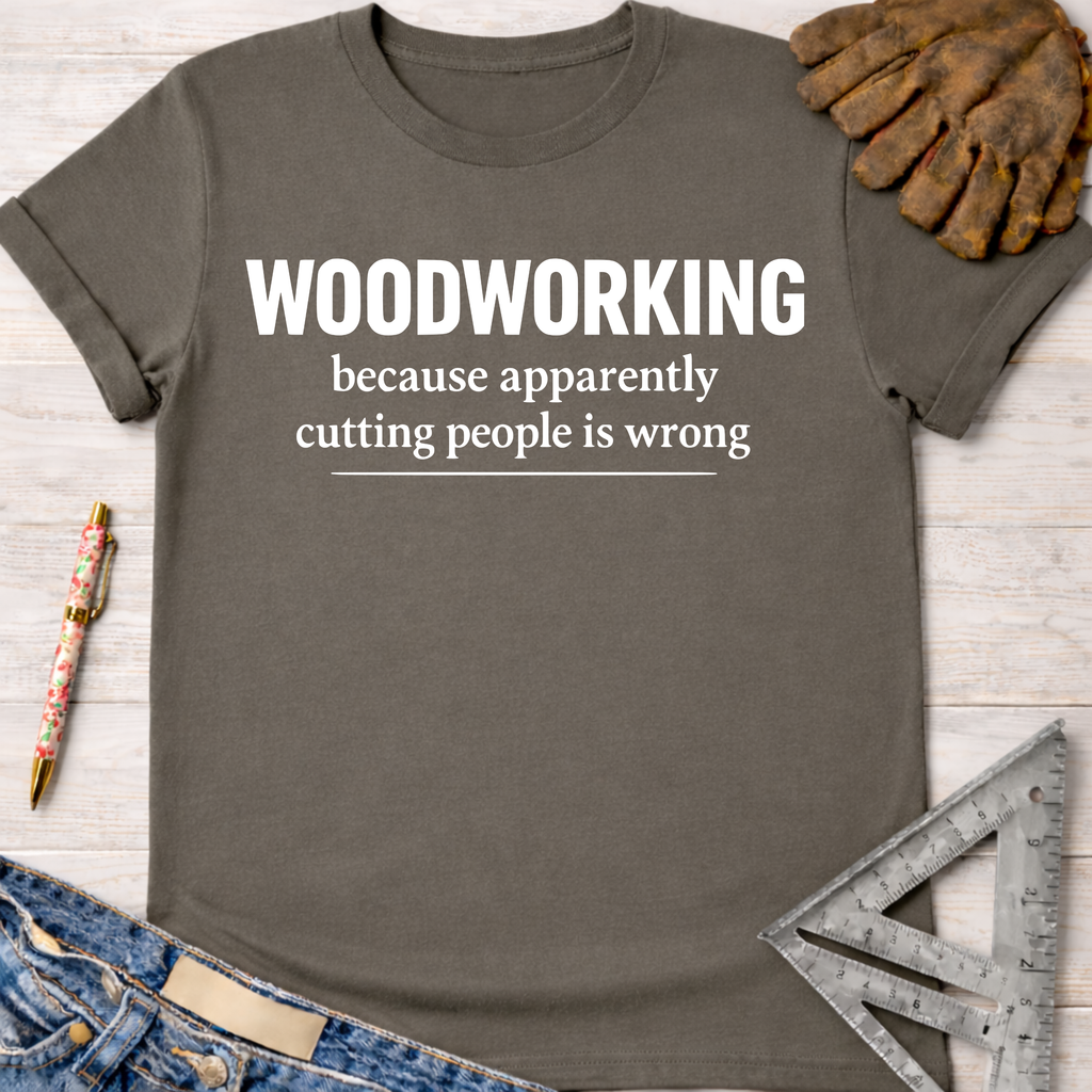Women's funny woodworking graphic tee shirt for female woodworkers, makers, and DIY builders — Sawdust & Ponytails. Dark gray cotton t-shirt with "WOODWORKING because apparently cutting people is wrong" in white text.