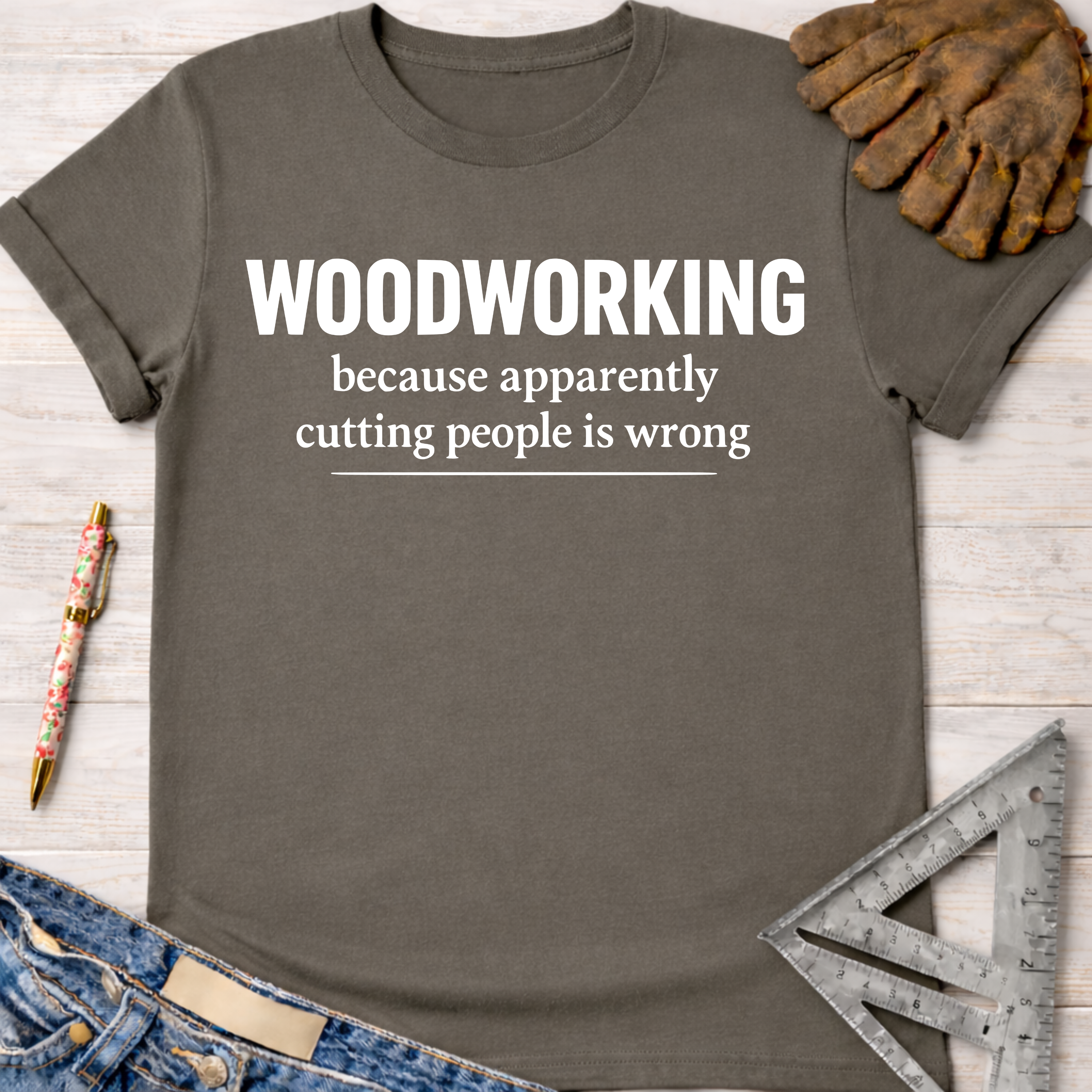 Women's funny woodworking graphic tee shirt for female woodworkers, makers, and DIY builders — Sawdust & Ponytails. Dark gray cotton t-shirt with "WOODWORKING because apparently cutting people is wrong" in white text.