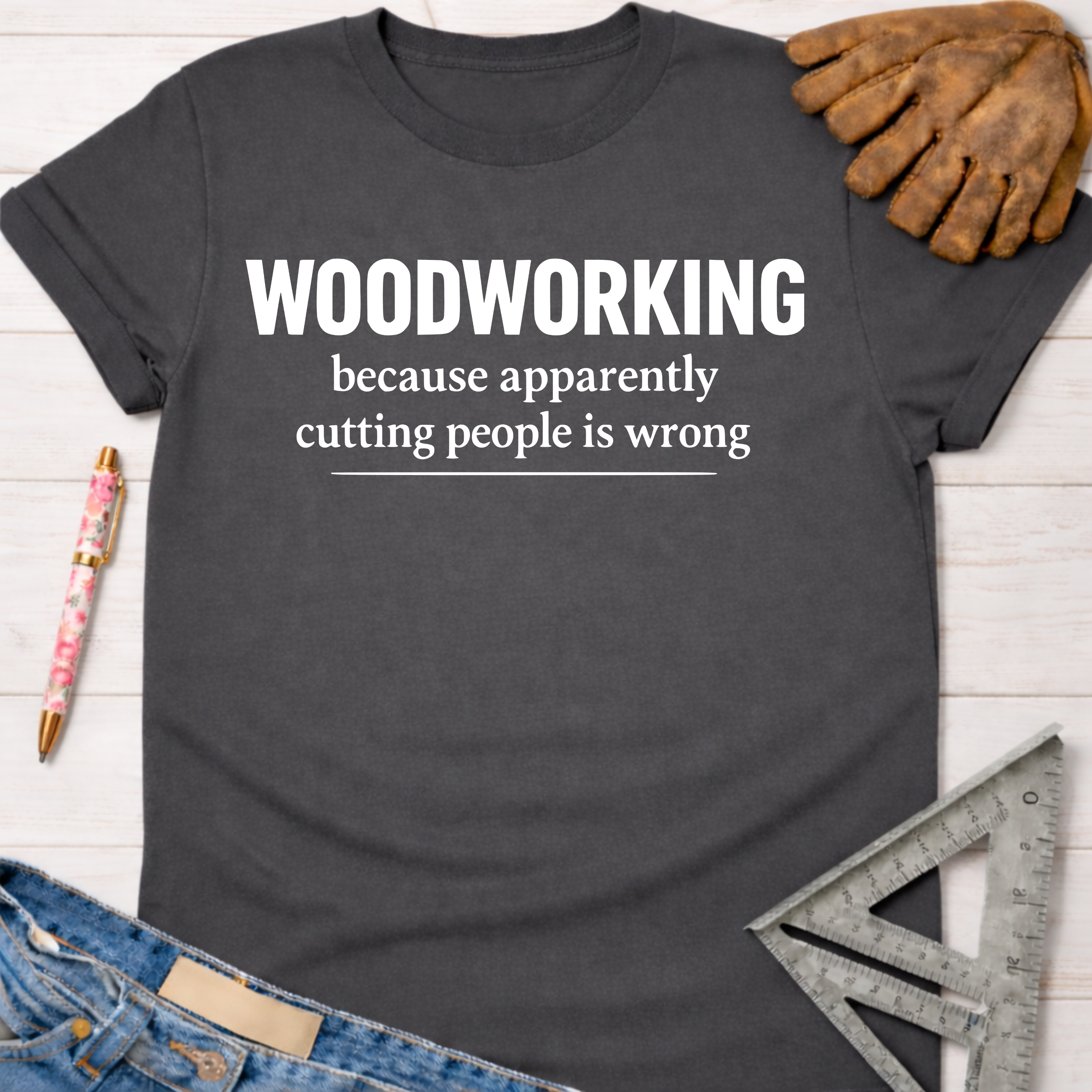 Women's funny woodworking graphic tee shirt for female woodworkers, makers, and DIY builders — Sawdust & Ponytails. Dark gray cotton tee with "WOODWORKING because apparently cutting people is wrong" in white text.