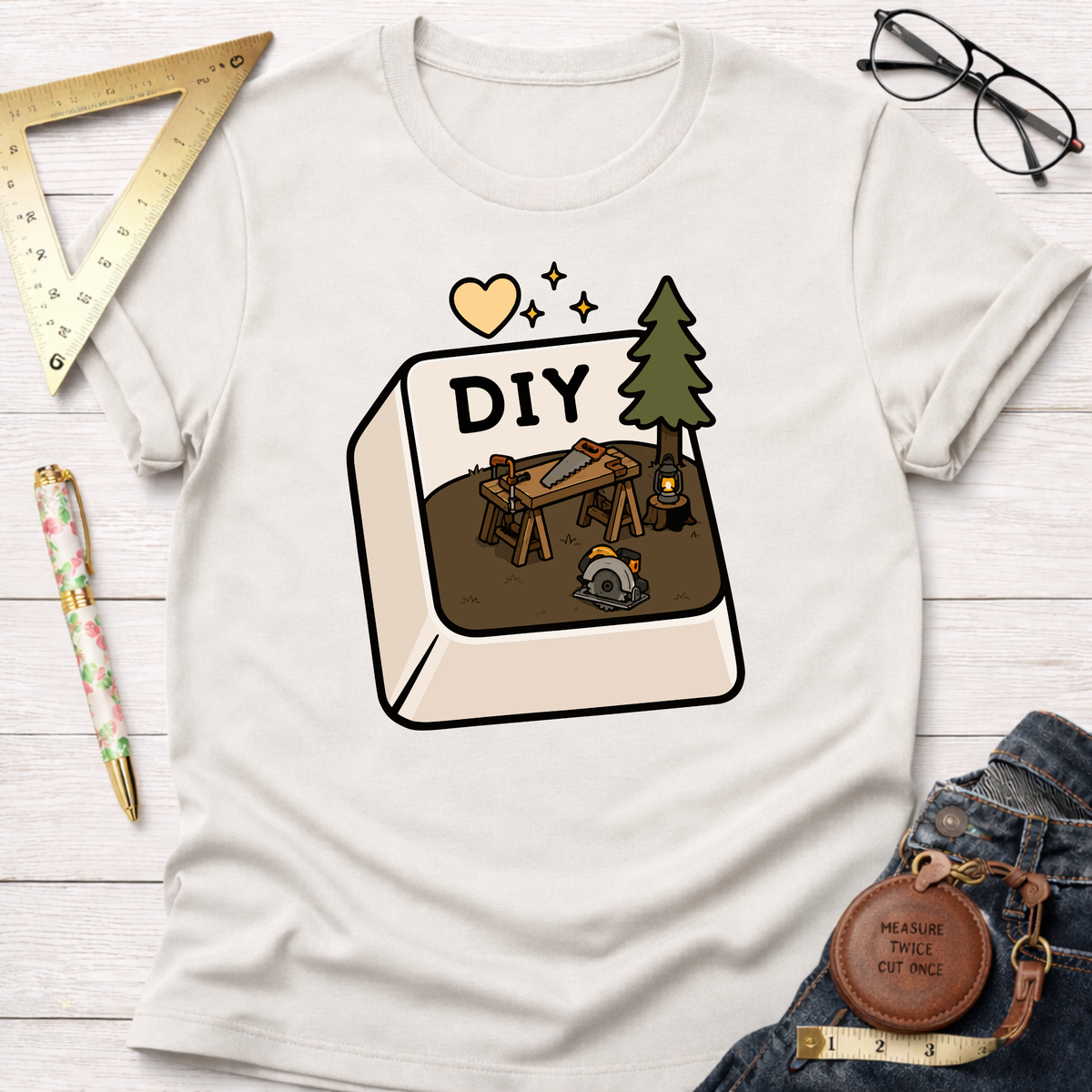 Women's funny woodworking graphic tee shirt for female woodworkers, makers, and DIY builders — Sawdust & Ponytails. Cream cotton tee with a "DIY" button graphic featuring a workbench, saw, and pine tree.