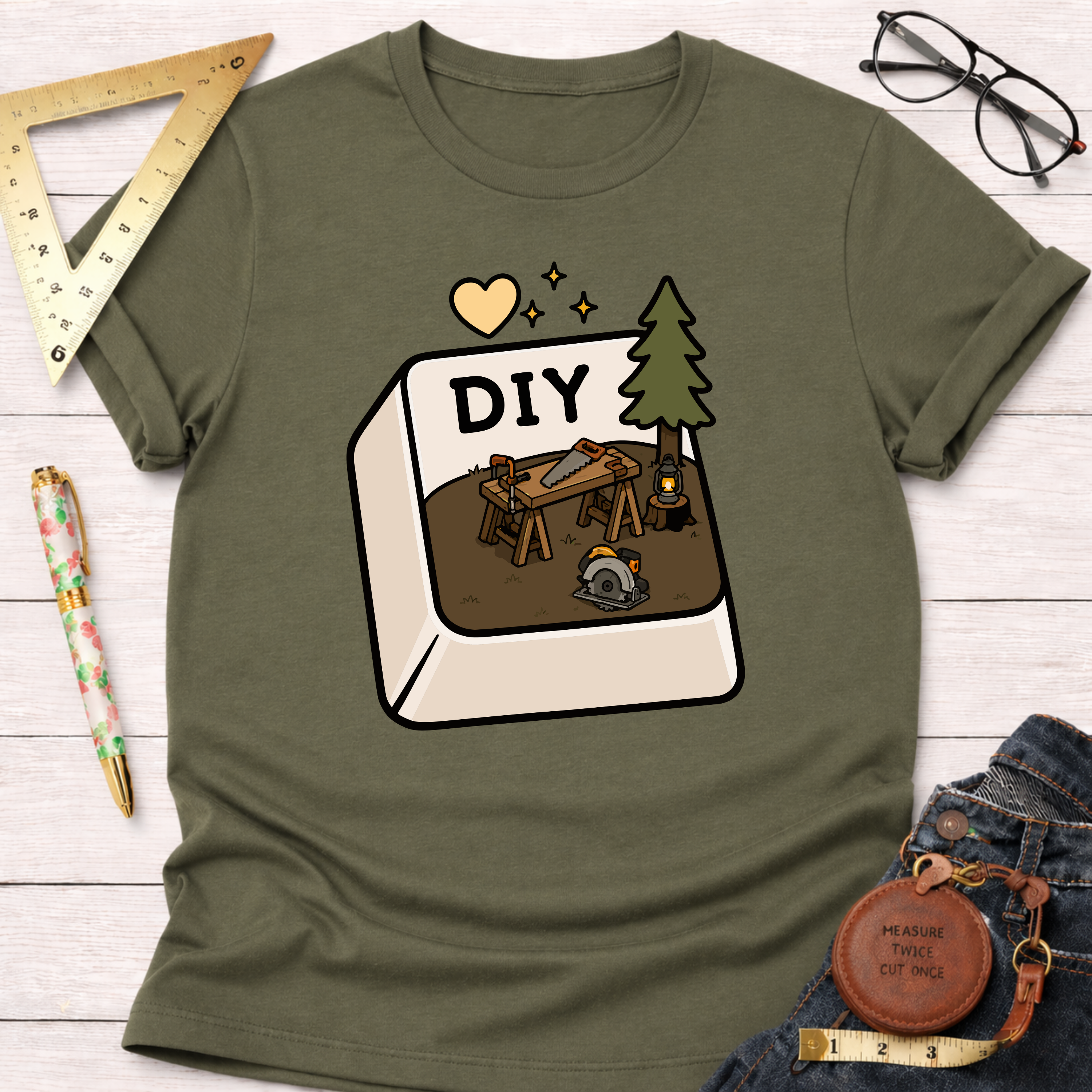 Women's funny woodworking graphic tee shirt for female woodworkers, makers, and DIY builders — Sawdust & Ponytails. Olive green cotton tee with "DIY" computer button graphic featuring a workshop scene.