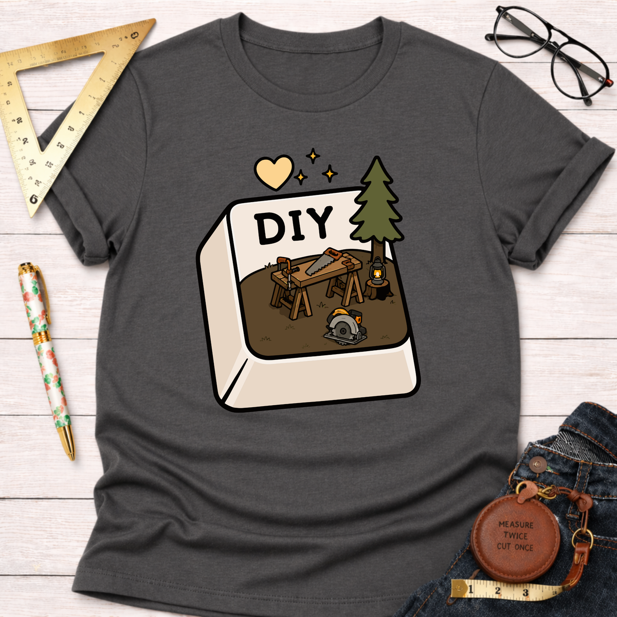 Women's funny woodworking graphic tee shirt for female woodworkers, makers, and DIY builders — Sawdust & Ponytails. Dark gray tee with "DIY" button graphic featuring a workbench, saw, and tree.