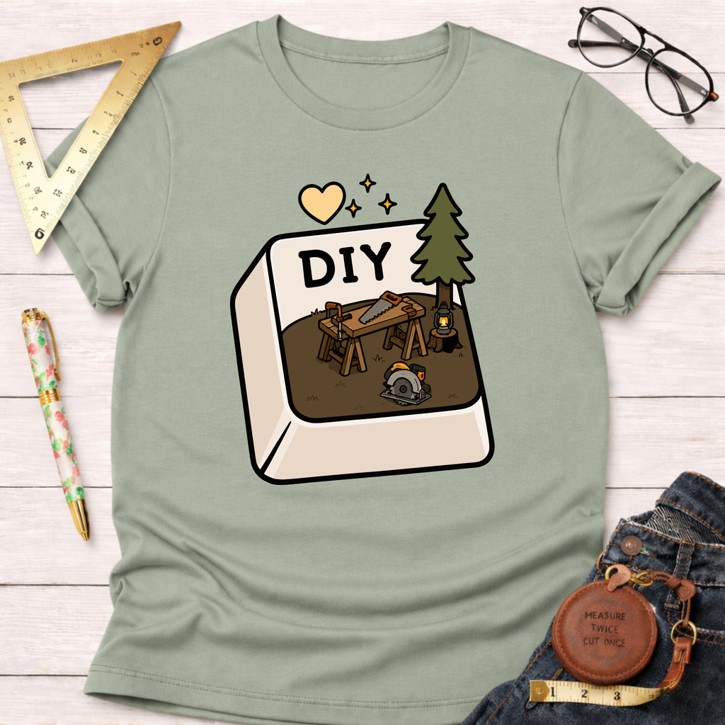 Women's funny woodworking graphic tee shirt for female woodworkers, makers, and DIY builders — Sawdust & Ponytails. Light green t-shirt with a "DIY" button graphic featuring a workbench, saw, tree, and circular saw.