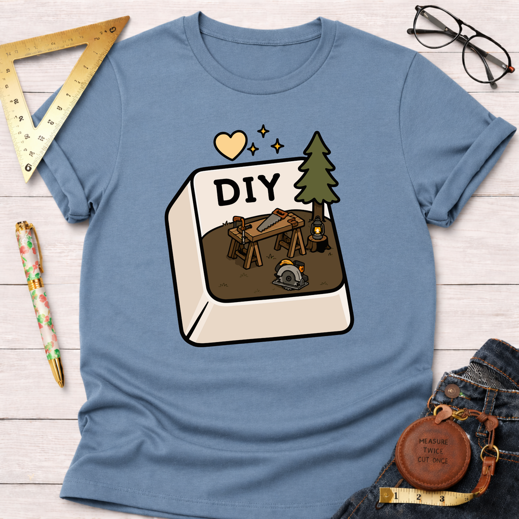 Women's funny woodworking graphic tee shirt for female woodworkers, makers, and DIY builders — Sawdust & Ponytails. Blue cotton tee with "DIY" button graphic featuring a workbench, saw, tree, and circular saw.