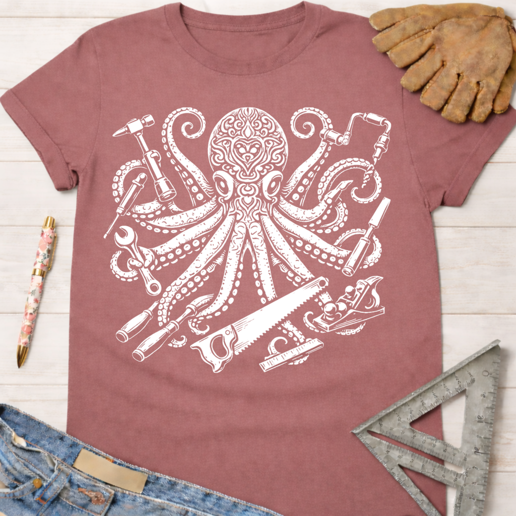 Women's funny woodworking graphic tee shirt for female woodworkers, makers, and DIY builders — Sawdust & Ponytails. Mauve t-shirt with white octopus holding tools.
