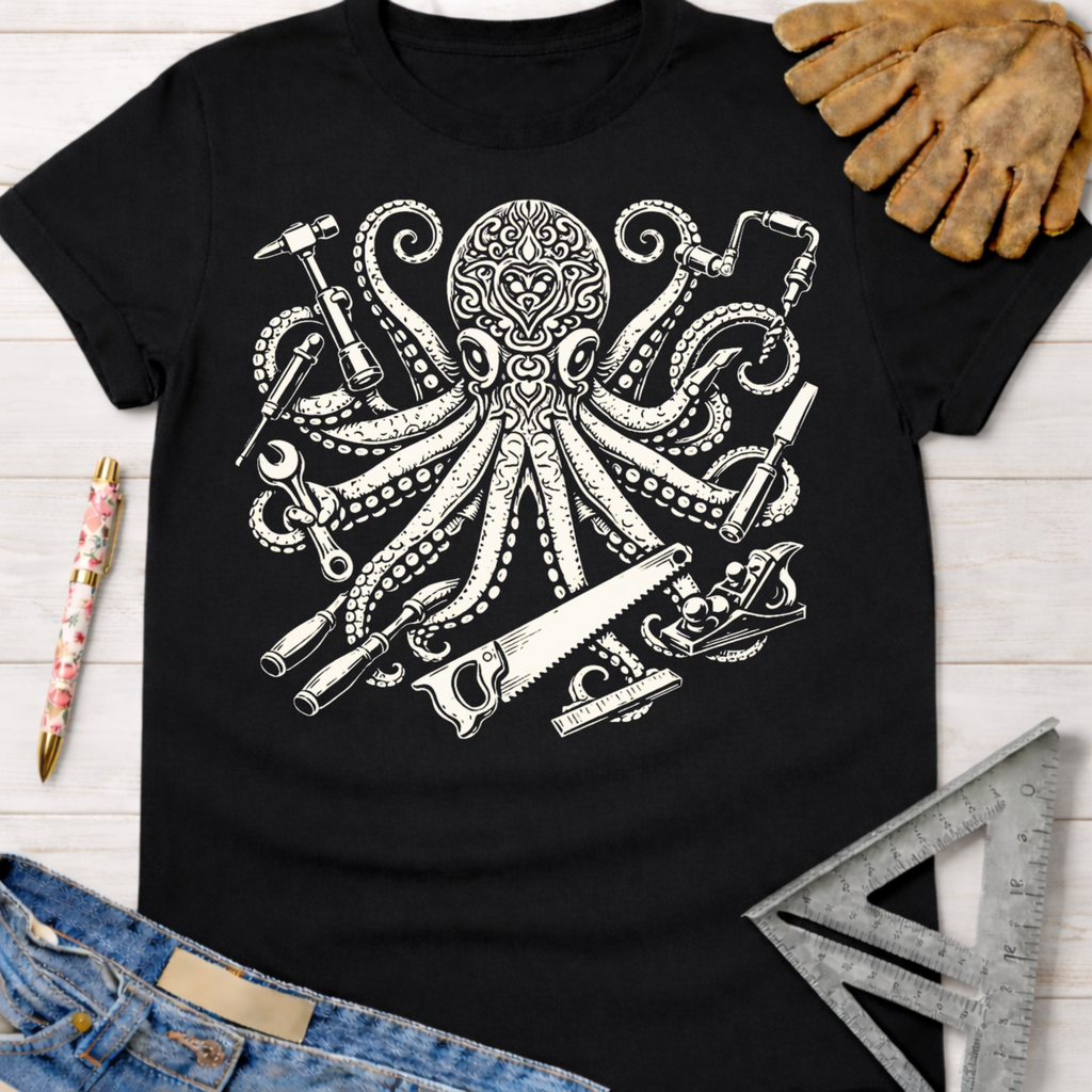 Women's funny woodworking graphic tee shirt for female woodworkers, makers, and DIY builders — Sawdust & Ponytails. Black cotton tee with white octopus holding tools.