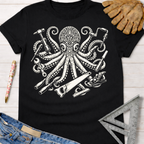 Women's funny woodworking graphic tee shirt for female woodworkers, makers, and DIY builders — Sawdust & Ponytails. Black cotton tee with white octopus holding tools.