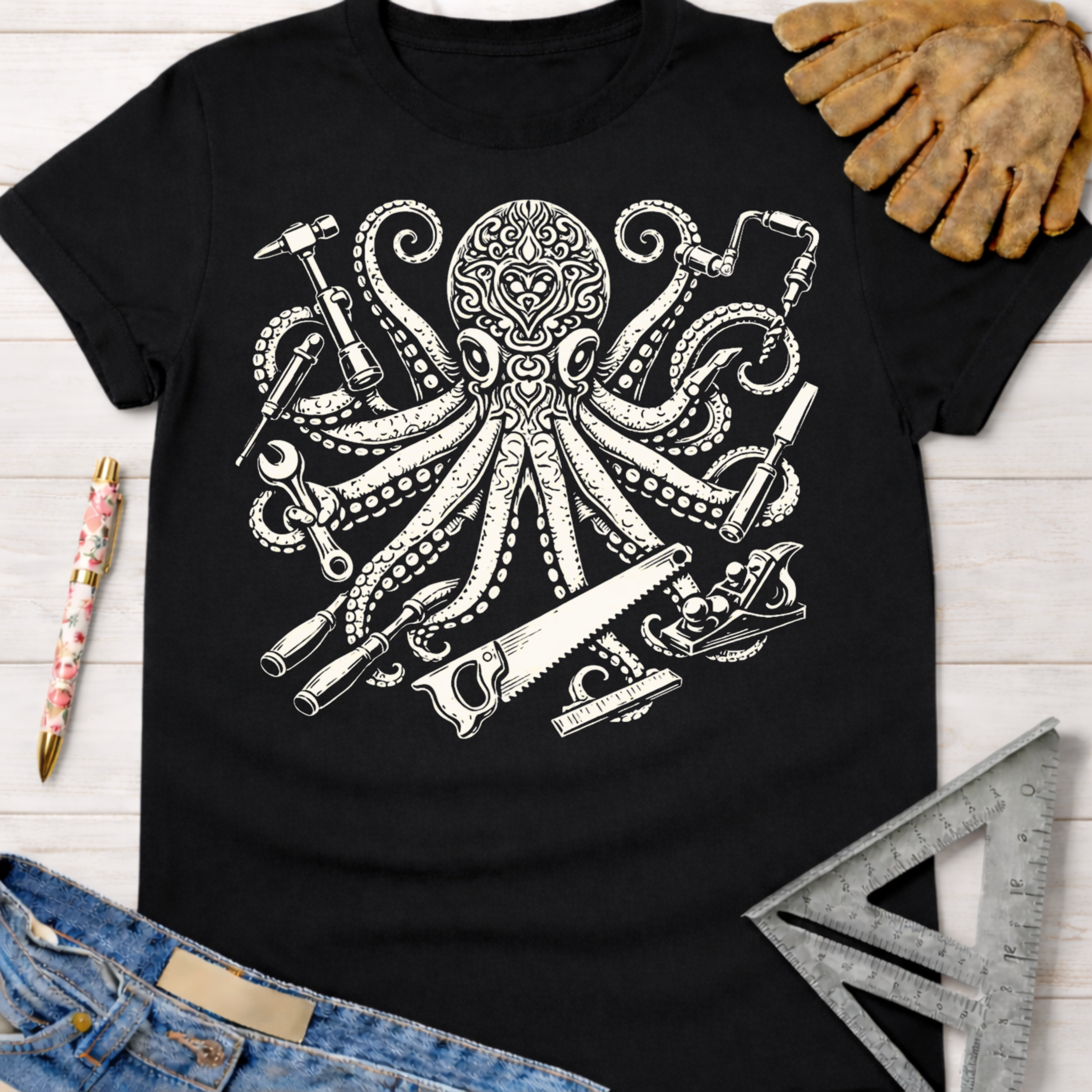 Women's funny woodworking graphic tee shirt for female woodworkers, makers, and DIY builders — Sawdust & Ponytails. Black cotton tee with white octopus holding tools.
