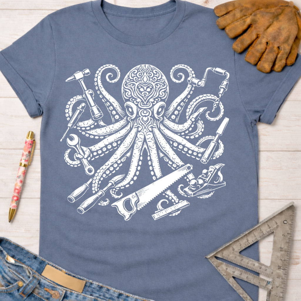 Women's funny woodworking graphic tee shirt for female woodworkers, makers, and DIY builders — Sawdust & Ponytails. Blue cotton t-shirt with a white octopus graphic holding various tools.