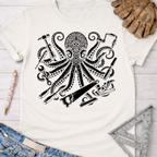 Women's funny woodworking graphic tee shirt for female woodworkers, makers, and DIY builders — Sawdust & Ponytails. Cream t-shirt with a black octopus graphic holding various tools.