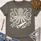 Women's funny woodworking graphic tee shirt for female woodworkers, makers, and DIY builders — Sawdust & Ponytails. Dark gray t-shirt with a white octopus design holding various tools.