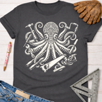 Women's funny woodworking graphic tee shirt for female woodworkers, makers, and DIY builders — Sawdust & Ponytails. Dark gray t-shirt with a white octopus holding various tools.