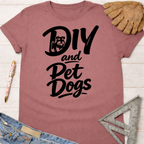 Women's funny woodworking graphic tee shirt for female woodworkers, makers, and DIY builders — Sawdust & Ponytails. Mauve cotton tee with "DIY and Pet Dogs" graphic featuring a Schnauzer.