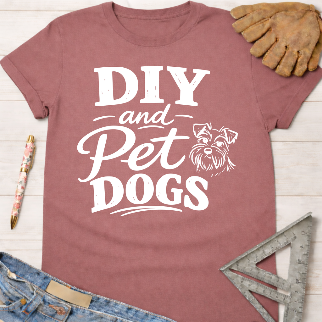Women's funny woodworking graphic tee shirt for female woodworkers, makers, and DIY builders — Sawdust & Ponytails. Mauve cotton tee with "DIY and Pet Dogs" text and a Schnauzer graphic.