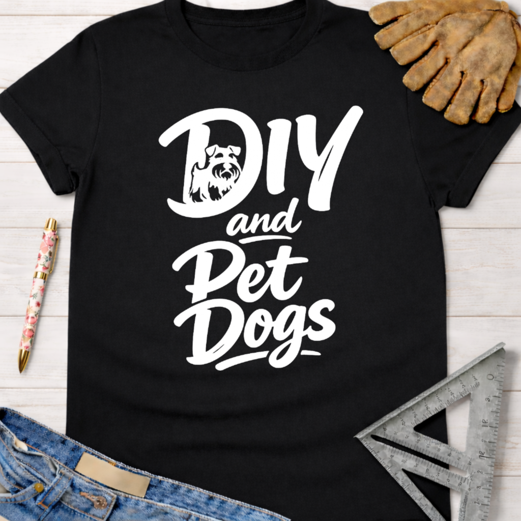 Black cotton t-shirt with "DIY and Pet Dogs" graphic featuring a dog silhouette. Women's funny woodworking graphic tee shirt for female woodworkers, makers, and DIY builders — Sawdust & Ponytails.