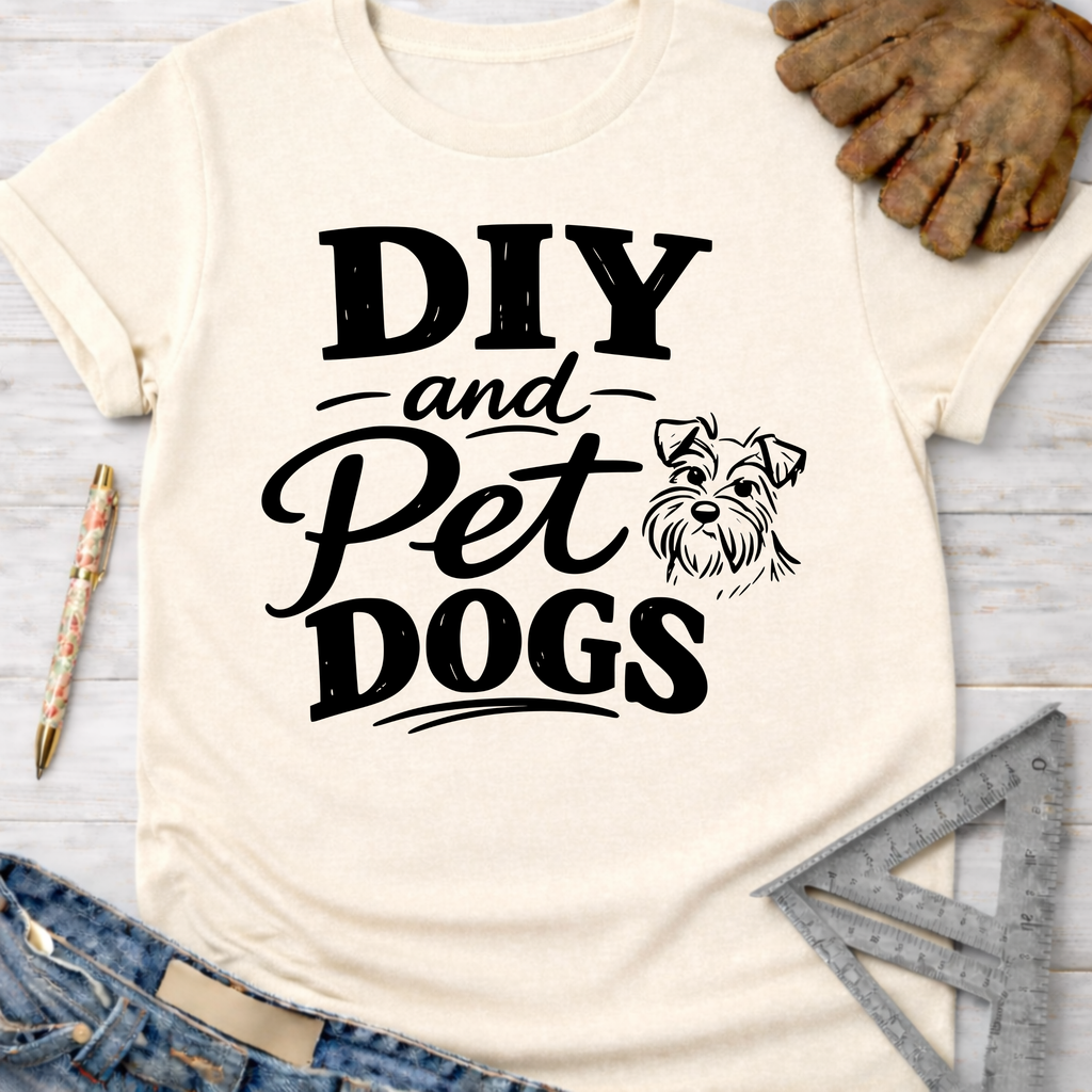 Women's funny woodworking graphic tee shirt for female woodworkers, makers, and DIY builders — Sawdust & Ponytails. Cream t-shirt with "DIY and Pet Dogs" text and a dog graphic.