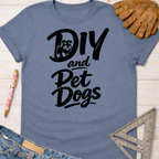 Women's funny woodworking graphic tee shirt for female woodworkers, makers, and DIY builders — Sawdust & Ponytails. Blue cotton t-shirt with "DIY and Pet Dogs" black graphic featuring a schnauzer.