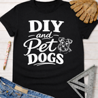 Women's funny woodworking graphic tee shirt for female woodworkers, makers, and DIY builders — Sawdust & Ponytails. Black cotton tee with "DIY and Pet Dogs" text and a schnauzer graphic.