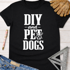 Women's funny woodworking graphic tee shirt for female woodworkers, makers, and DIY builders — Sawdust & Ponytails. Black cotton tee with "DIY and Pet Dogs" text and a Schnauzer graphic.