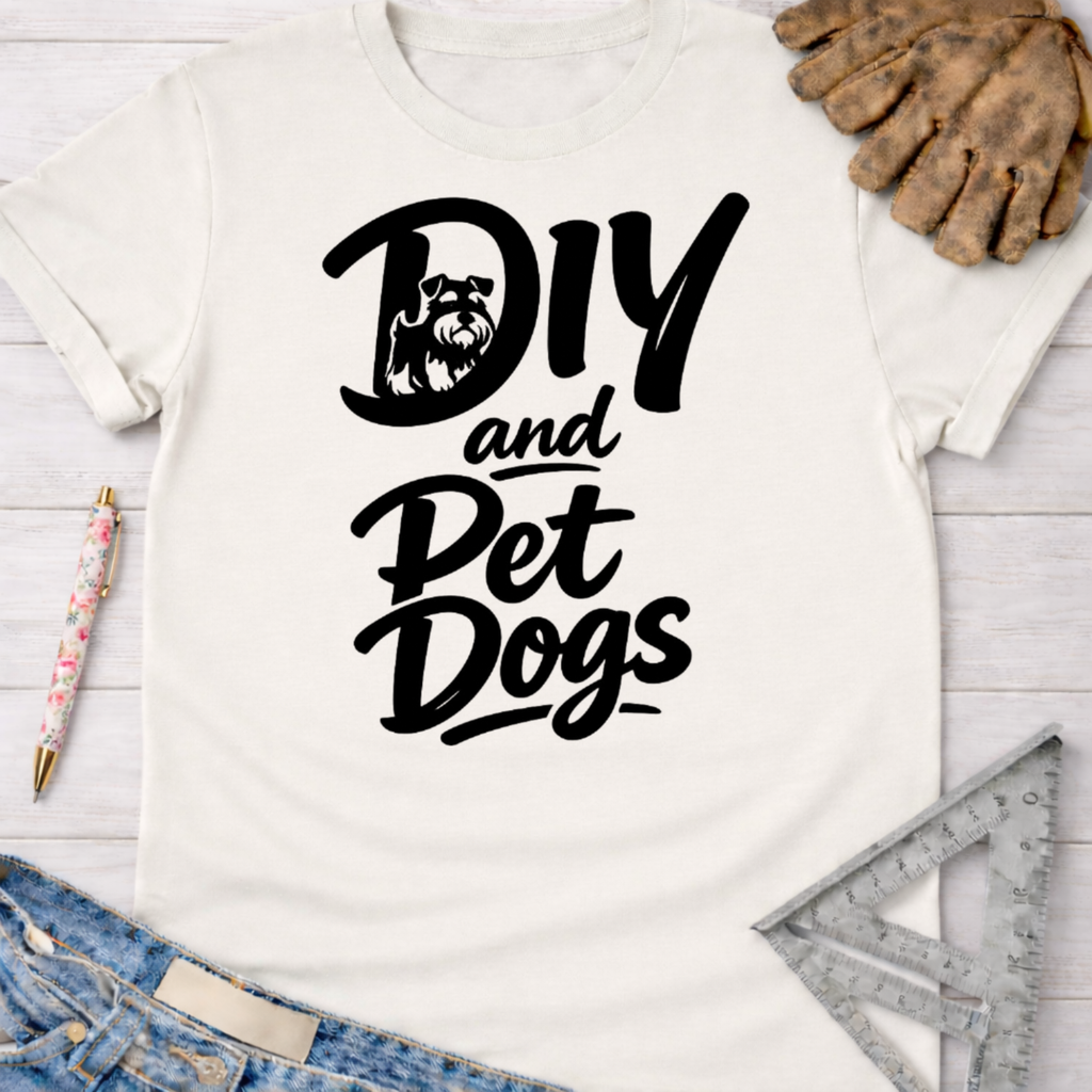 Women's funny woodworking graphic tee shirt for female woodworkers, makers, and DIY builders — Sawdust & Ponytails. White cotton t-shirt with "DIY and Pet Dogs" black graphic featuring a schnauzer.