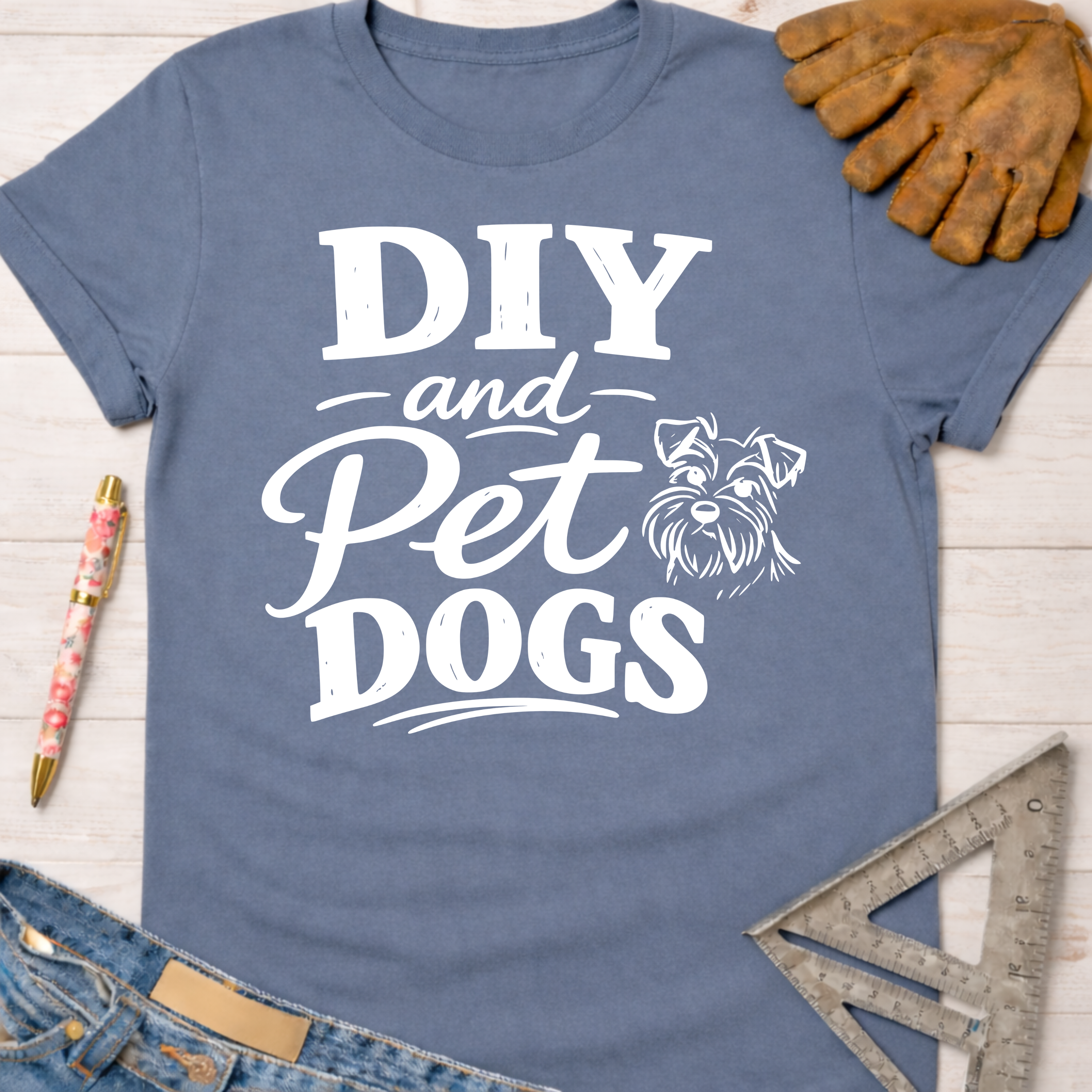 Women's funny woodworking graphic tee shirt for female woodworkers, makers, and DIY builders — Sawdust & Ponytails. Blue cotton t-shirt with "DIY and Pet Dogs" text and a dog illustration.