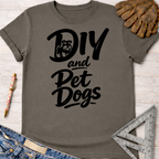 Women's funny woodworking graphic tee shirt for female woodworkers, makers, and DIY builders — Sawdust & Ponytails. Dark gray cotton t-shirt with "DIY and Pet Dogs" text and a Schnauzer dog graphic.