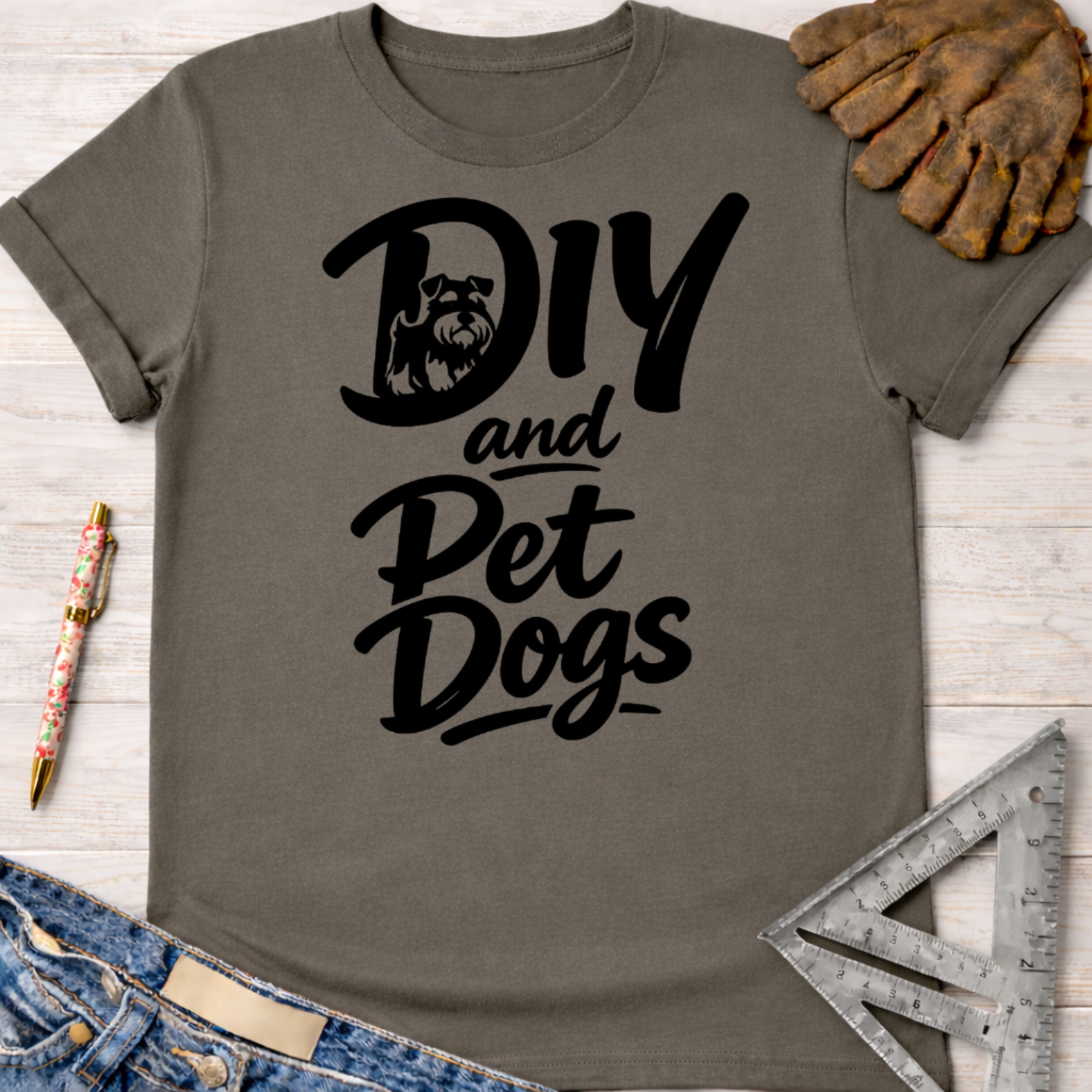 Women's funny woodworking graphic tee shirt for female woodworkers, makers, and DIY builders — Sawdust & Ponytails. Dark gray cotton t-shirt with "DIY and Pet Dogs" text and a Schnauzer dog graphic.