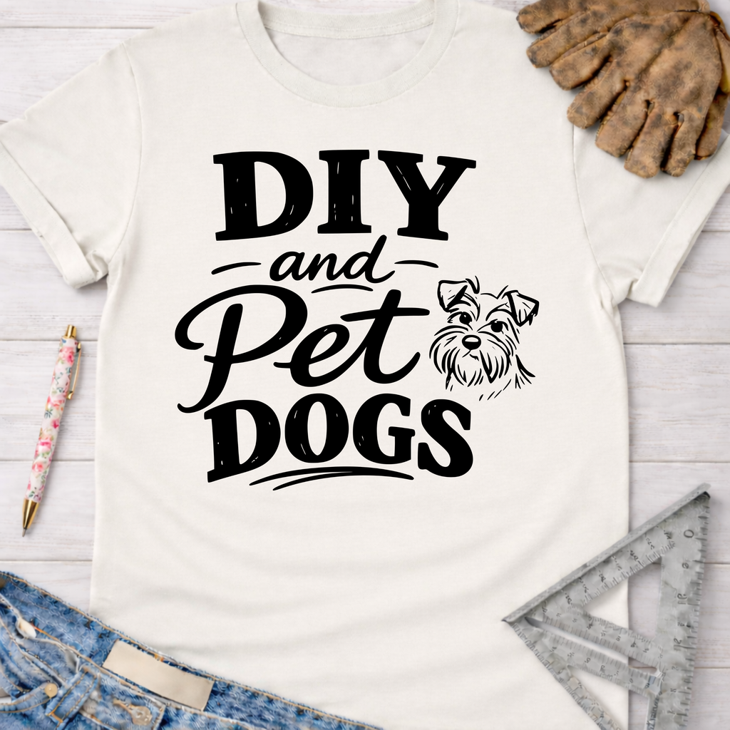 Women's funny woodworking graphic tee shirt for female woodworkers, makers, and DIY builders — Sawdust & Ponytails. White cotton tee with "DIY and Pet Dogs" text and a dog graphic.