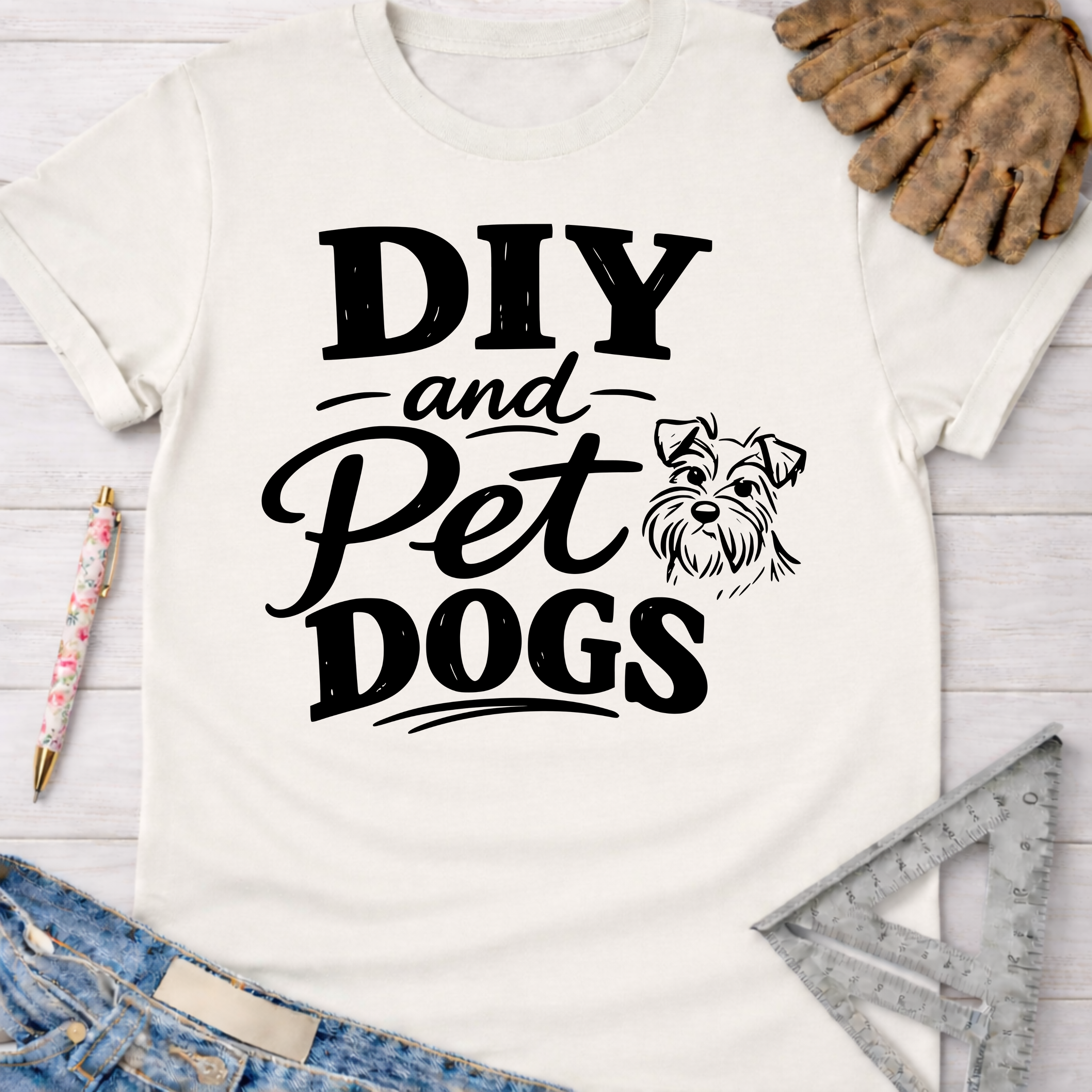 Women's funny woodworking graphic tee shirt for female woodworkers, makers, and DIY builders — Sawdust & Ponytails. White cotton tee with "DIY and Pet Dogs" text and a dog graphic.
