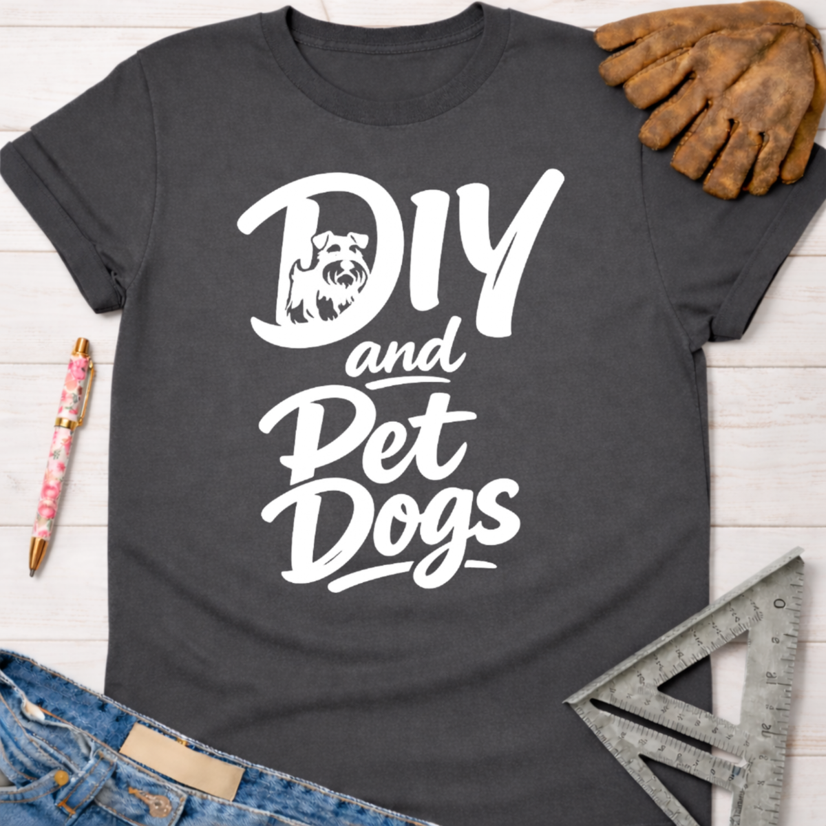 Women's funny woodworking graphic tee shirt for female woodworkers, makers, and DIY builders — Sawdust & Ponytails. Dark gray cotton t-shirt with "DIY and Pet Dogs" white graphic featuring a dog silhouette.