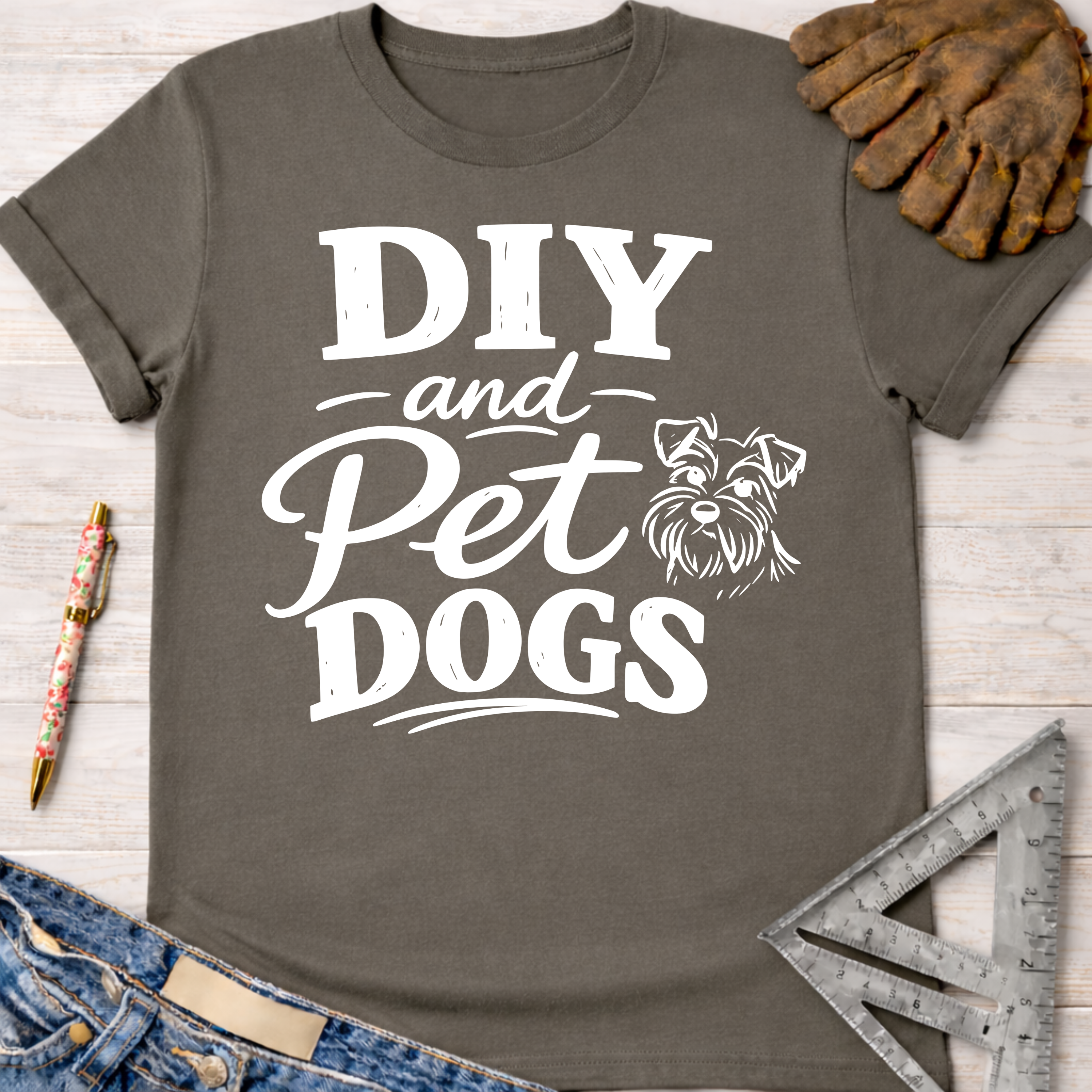 Women's funny woodworking graphic tee shirt for female woodworkers, makers, and DIY builders — Sawdust & Ponytails. Dark gray cotton tee with "DIY and Pet Dogs" text and a Schnauzer illustration.