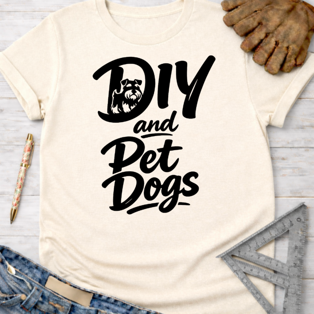 Women's funny woodworking graphic tee shirt for female woodworkers, makers, and DIY builders — Sawdust & Ponytails. Cream t-shirt with "DIY and Pet Dogs" black graphic featuring a Schnauzer.