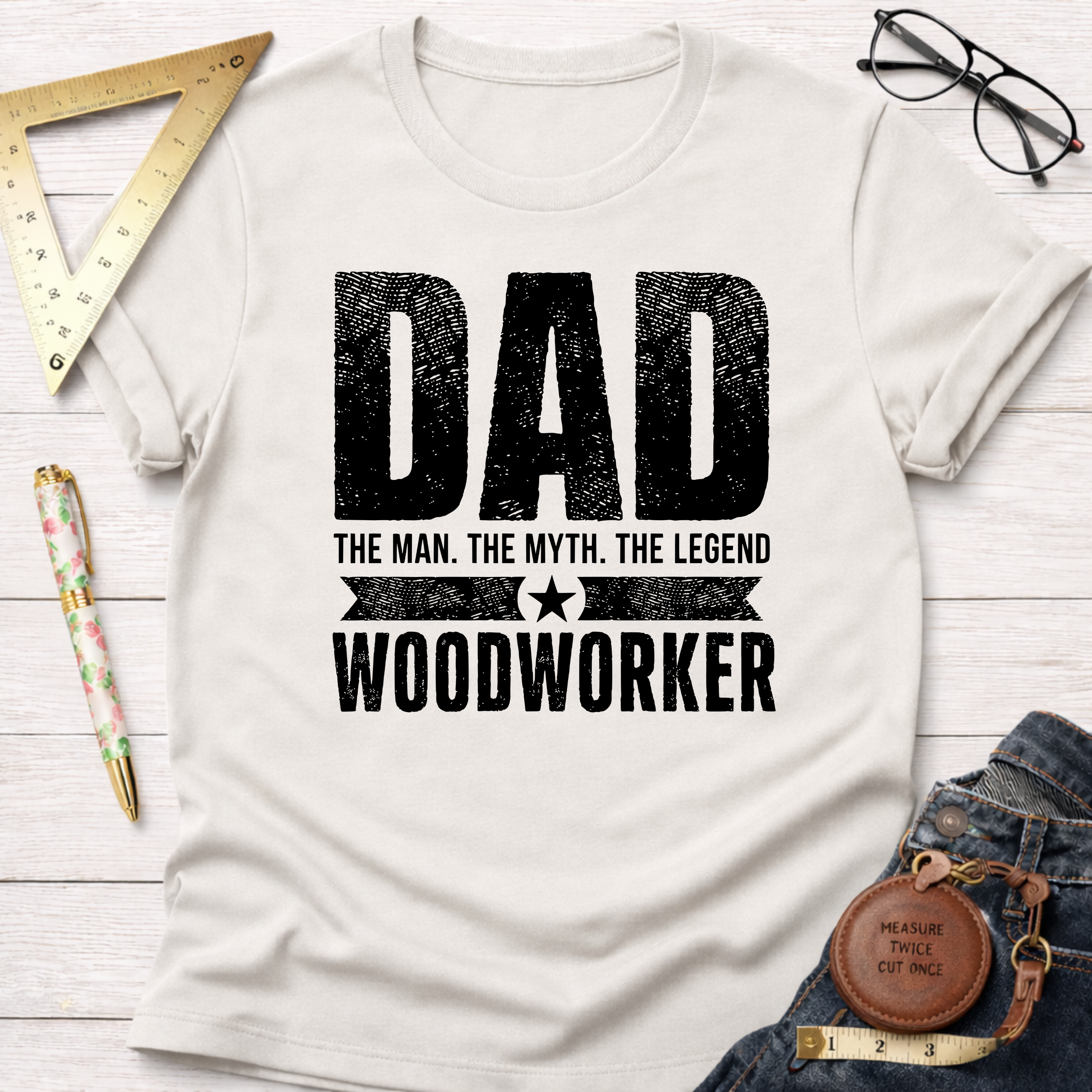 Cream cotton t-shirt with "Dad The Man The Myth The Legend Woodworker" in distressed black text.