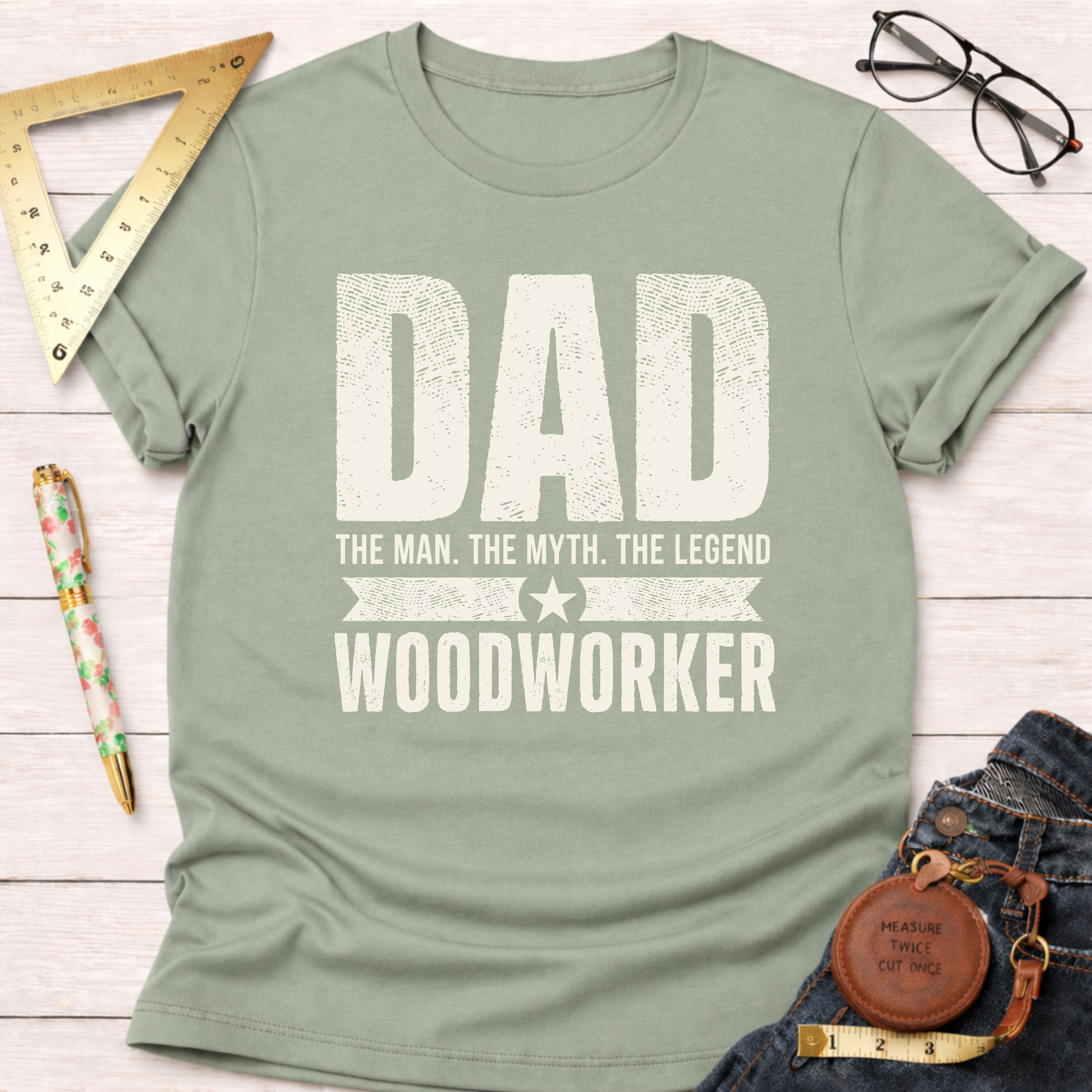 Sage green "Dad The Man The Myth The Legend Woodworker" t-shirt on a white wood surface.