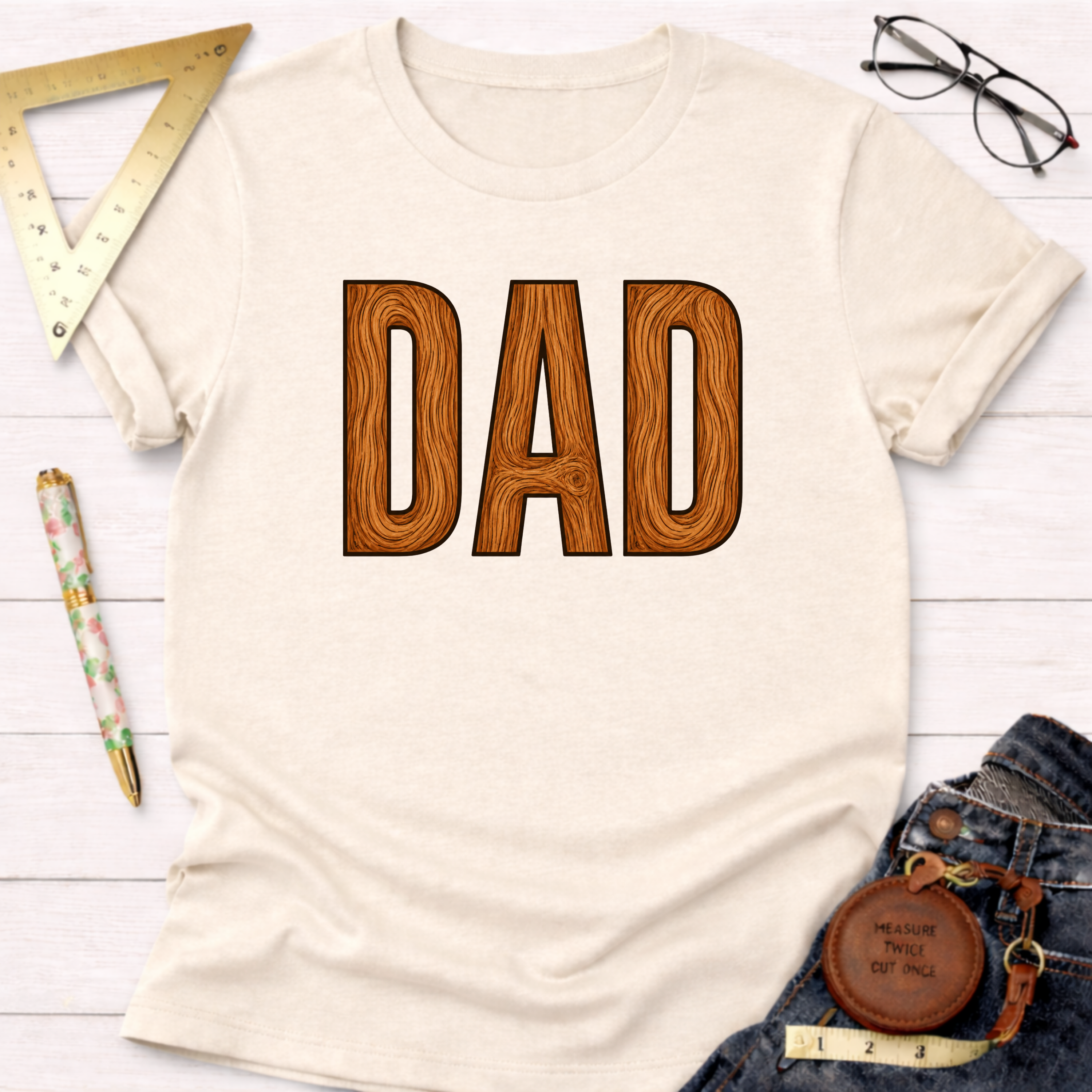 Cream t-shirt with "DAD" in brown wooden letters, styled with jeans, ruler, pen, and glasses.