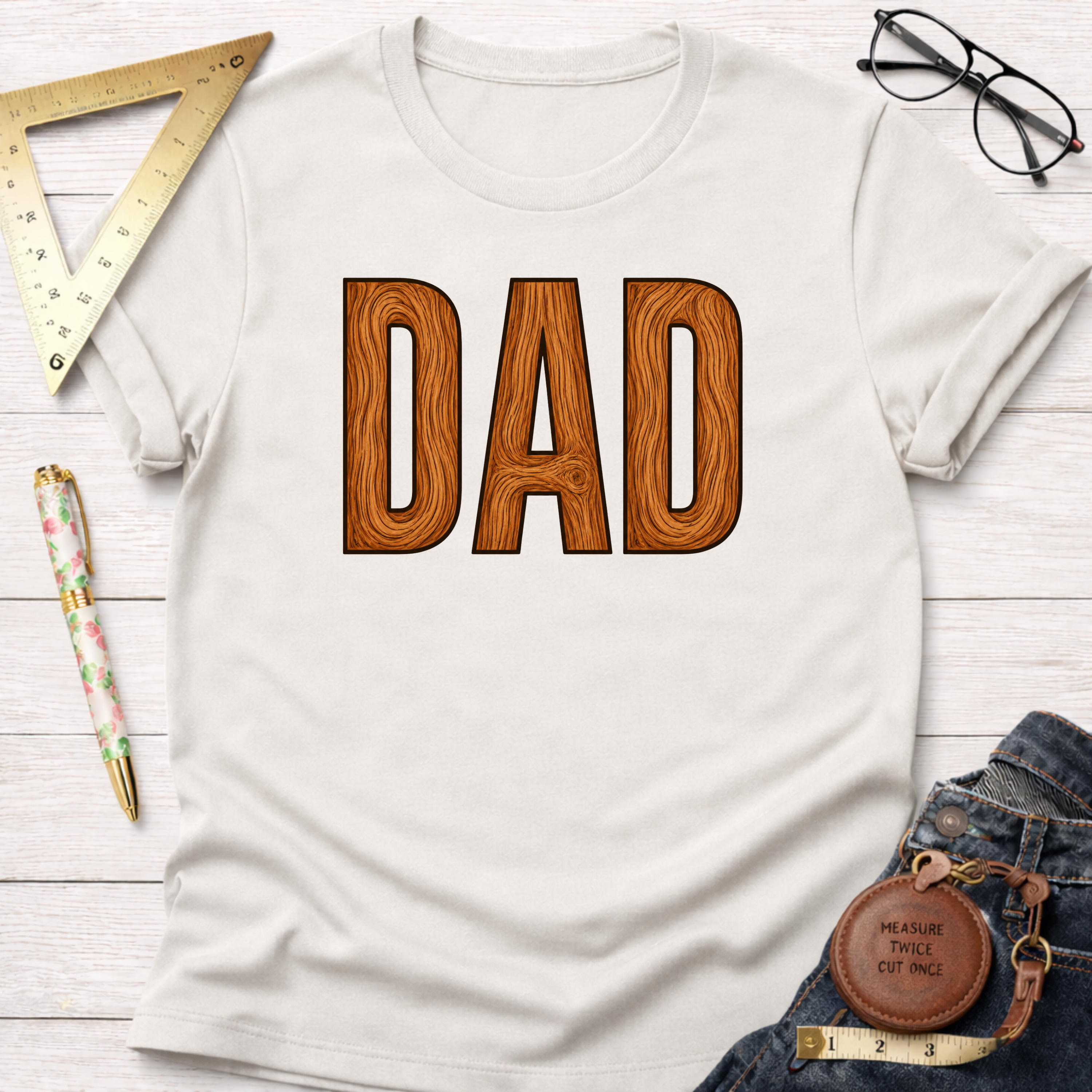 White cotton t-shirt with "DAD" in brown wooden textured letters, styled with jeans and tools.