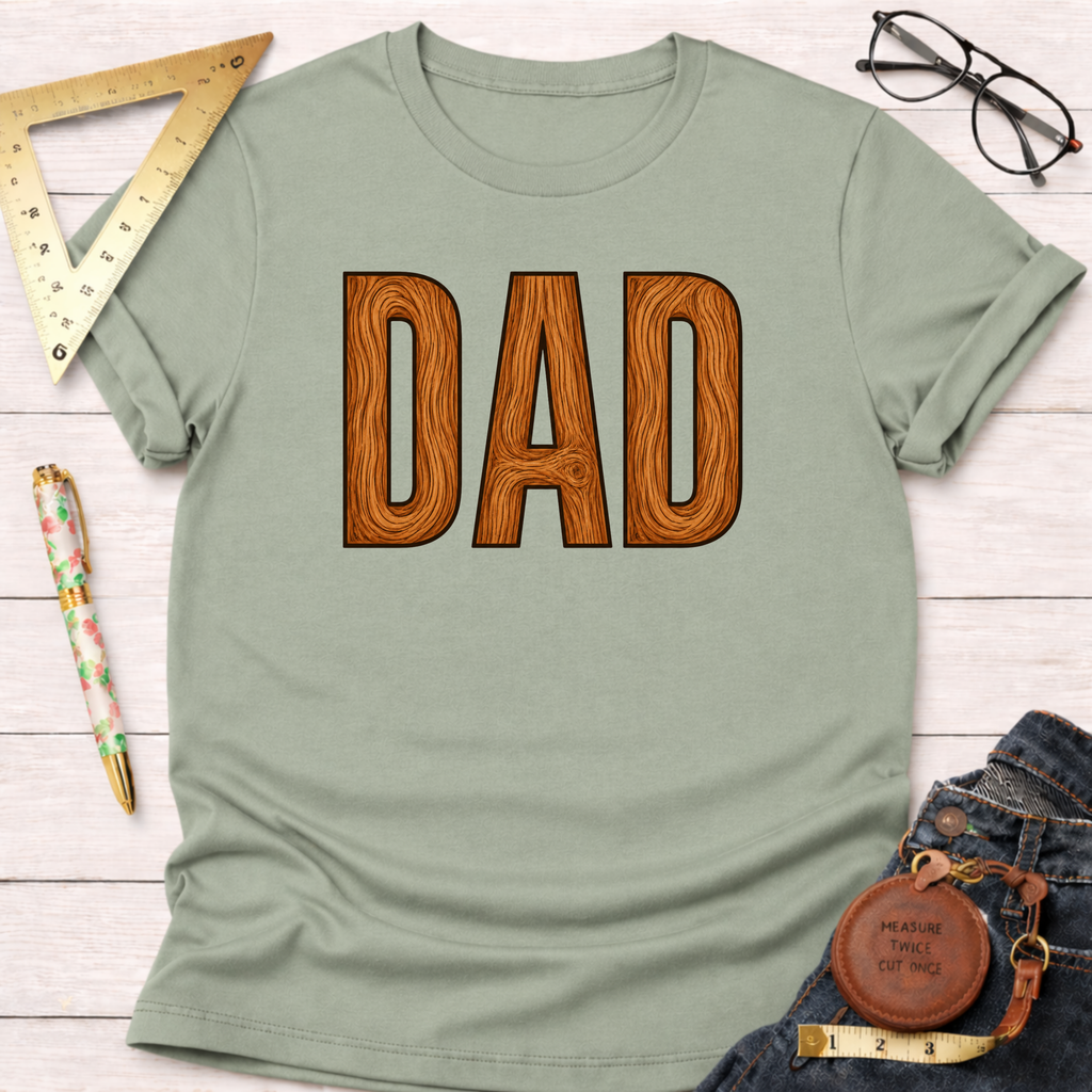 Sage green cotton t-shirt with "DAD" in brown wooden letters, styled on a white wooden surface.